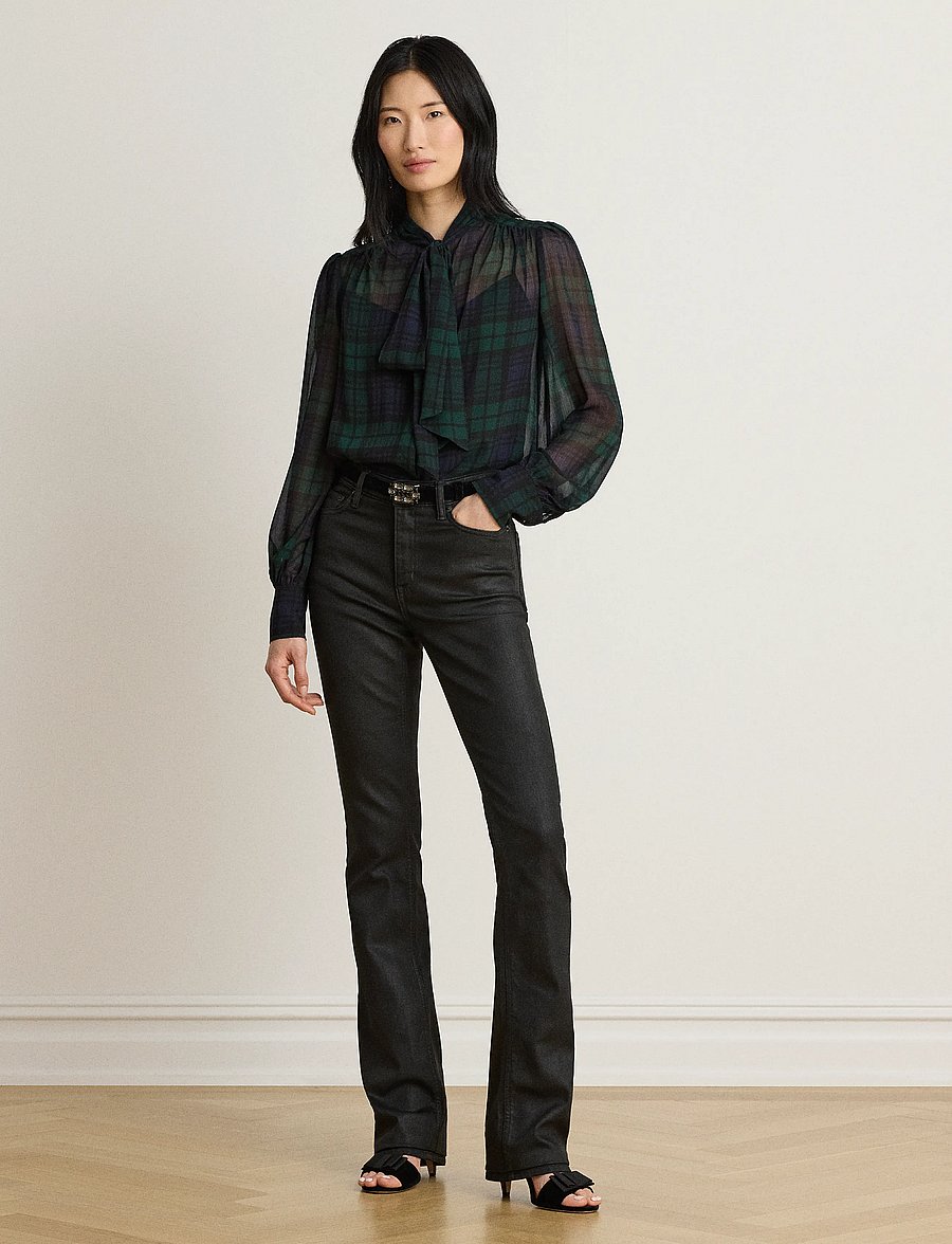 Lauren Ralph Lauren - Black Watch Georgette Tie-Neck Blouse - langærmede bluser - navy/green/black - 3