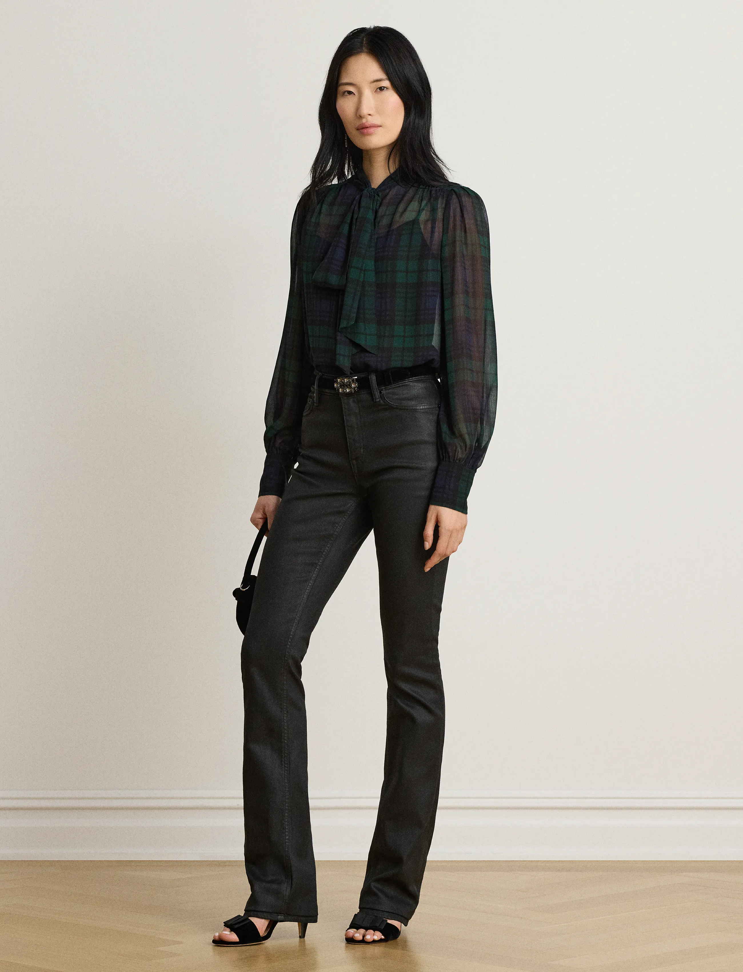 Lauren Ralph Lauren - Black Watch Georgette Tie-Neck Blouse - langærmede bluser - navy/green/black - 4