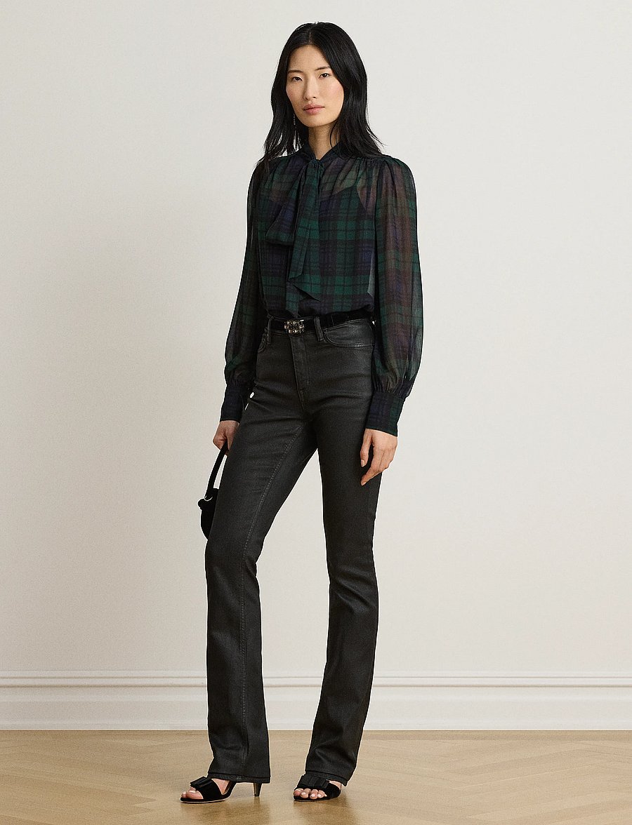 Lauren Ralph Lauren - Black Watch Georgette Tie-Neck Blouse - langærmede bluser - navy/green/black - 4