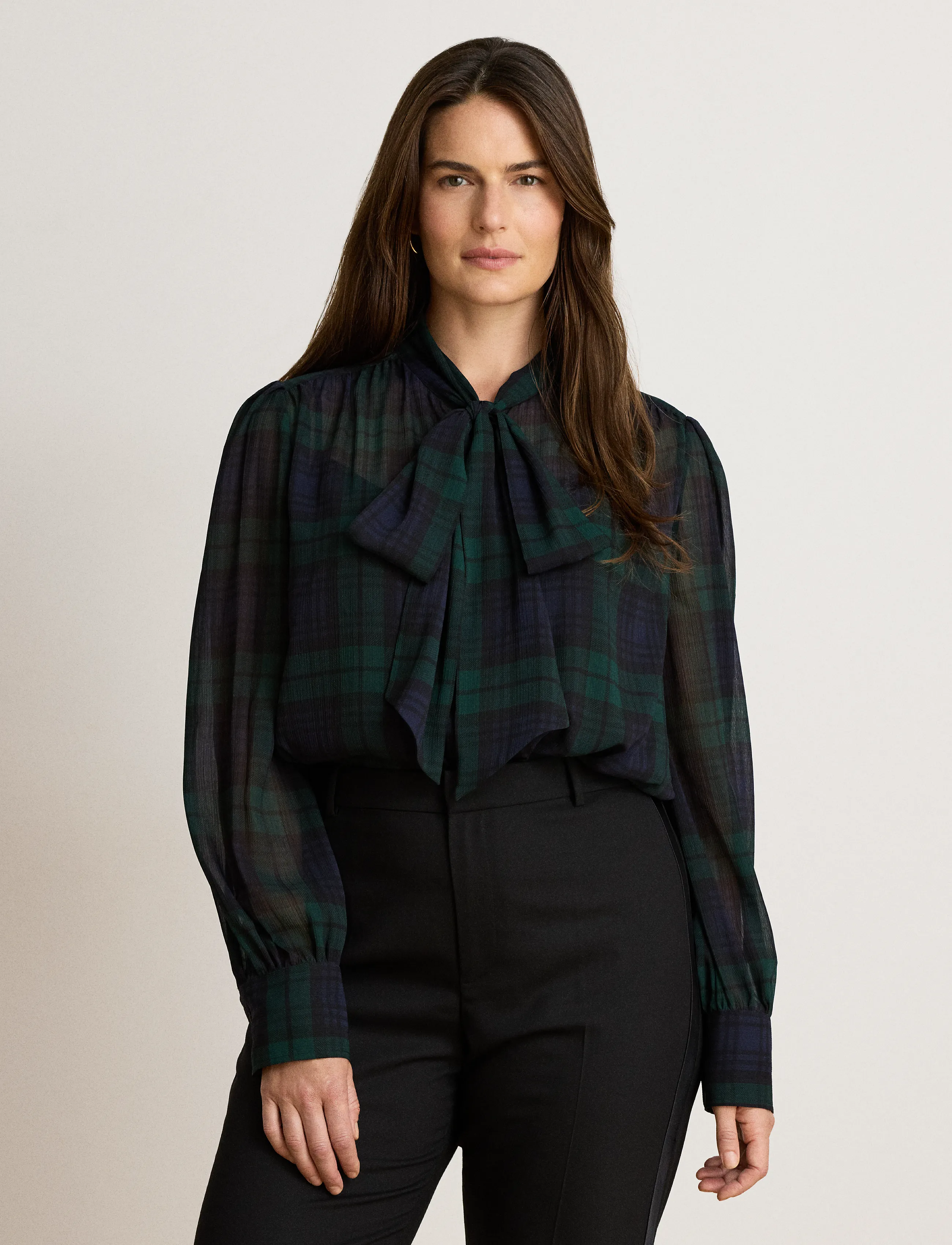 Lauren Ralph Lauren - Black Watch Georgette Tie-Neck Blouse - langærmede bluser - navy/green/black - 5