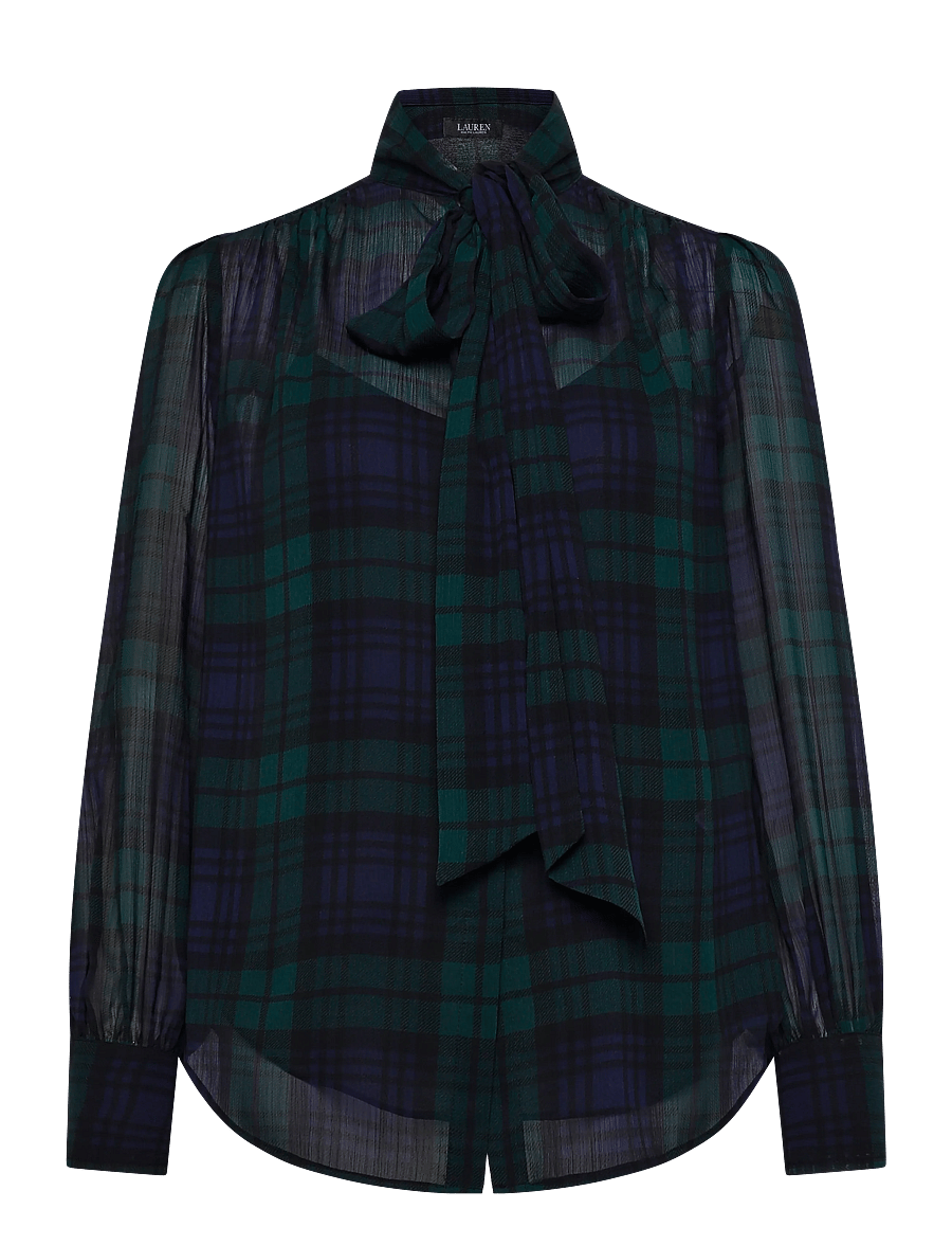 Lauren Ralph Lauren - Black Watch Georgette Tie-Neck Blouse - långärmade blusar - navy/green/black - 1