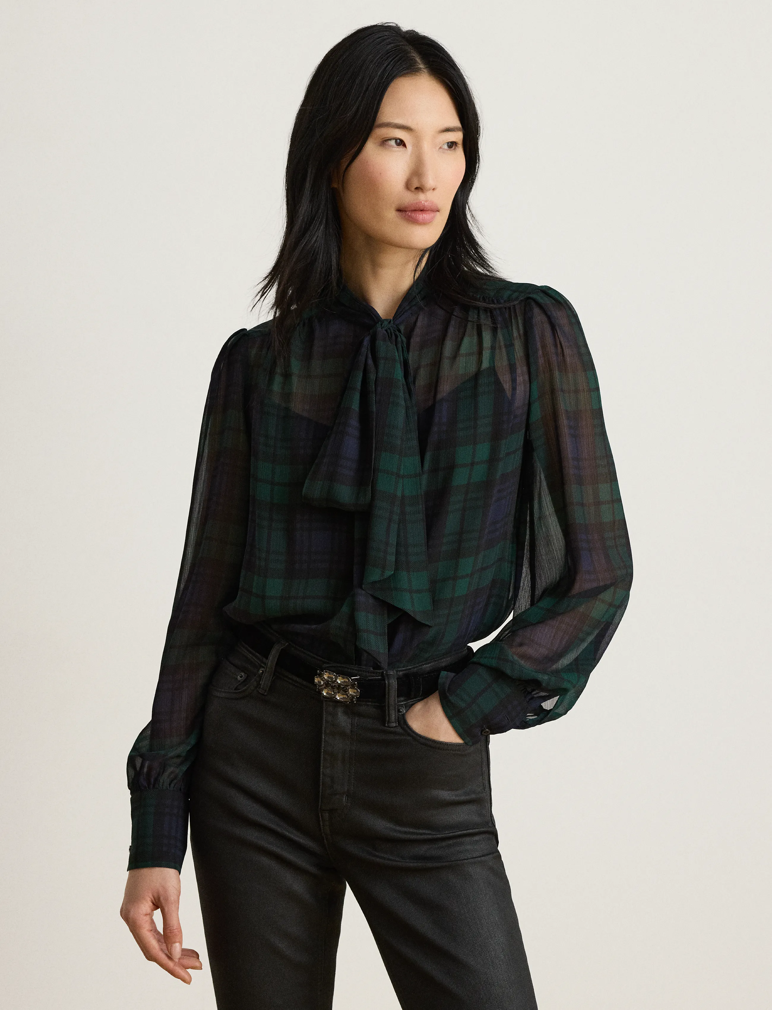 Lauren Ralph Lauren Black Watch Georgette Tie-Neck Blouse - Lauren Ralph Lauren - NAVY/GREEN/BLACK / green