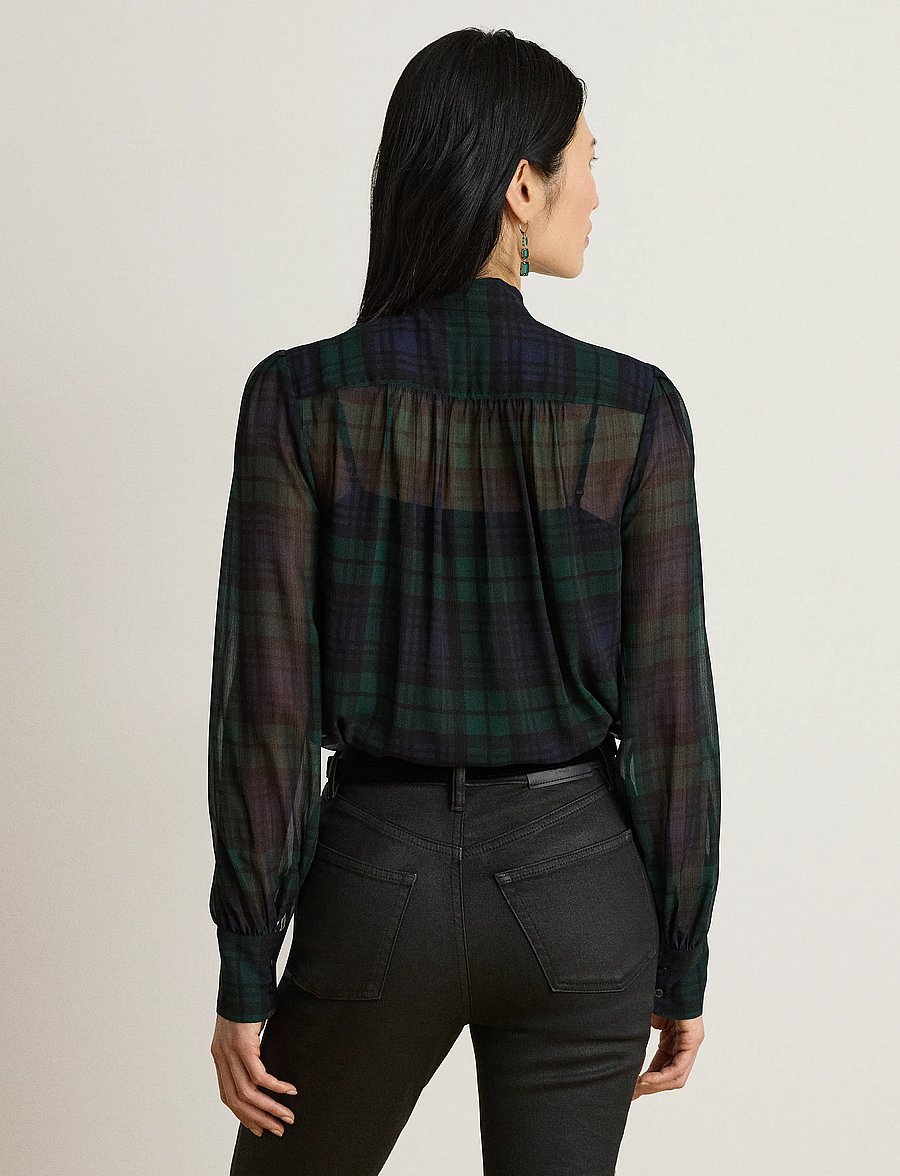 Lauren Ralph Lauren - Black Watch Georgette Tie-Neck Blouse - langærmede bluser - navy/green/black - 2