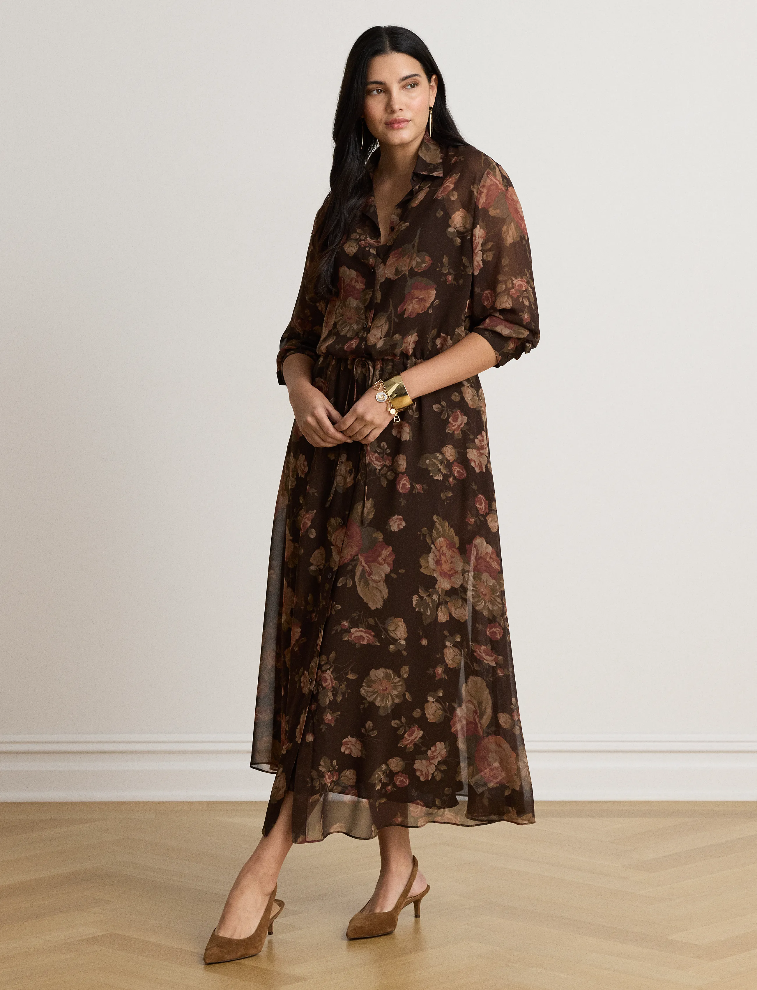 Lauren Ralph Lauren - Blommig skjortklänning i chiffong - skjortklänningar - brown multi - 1