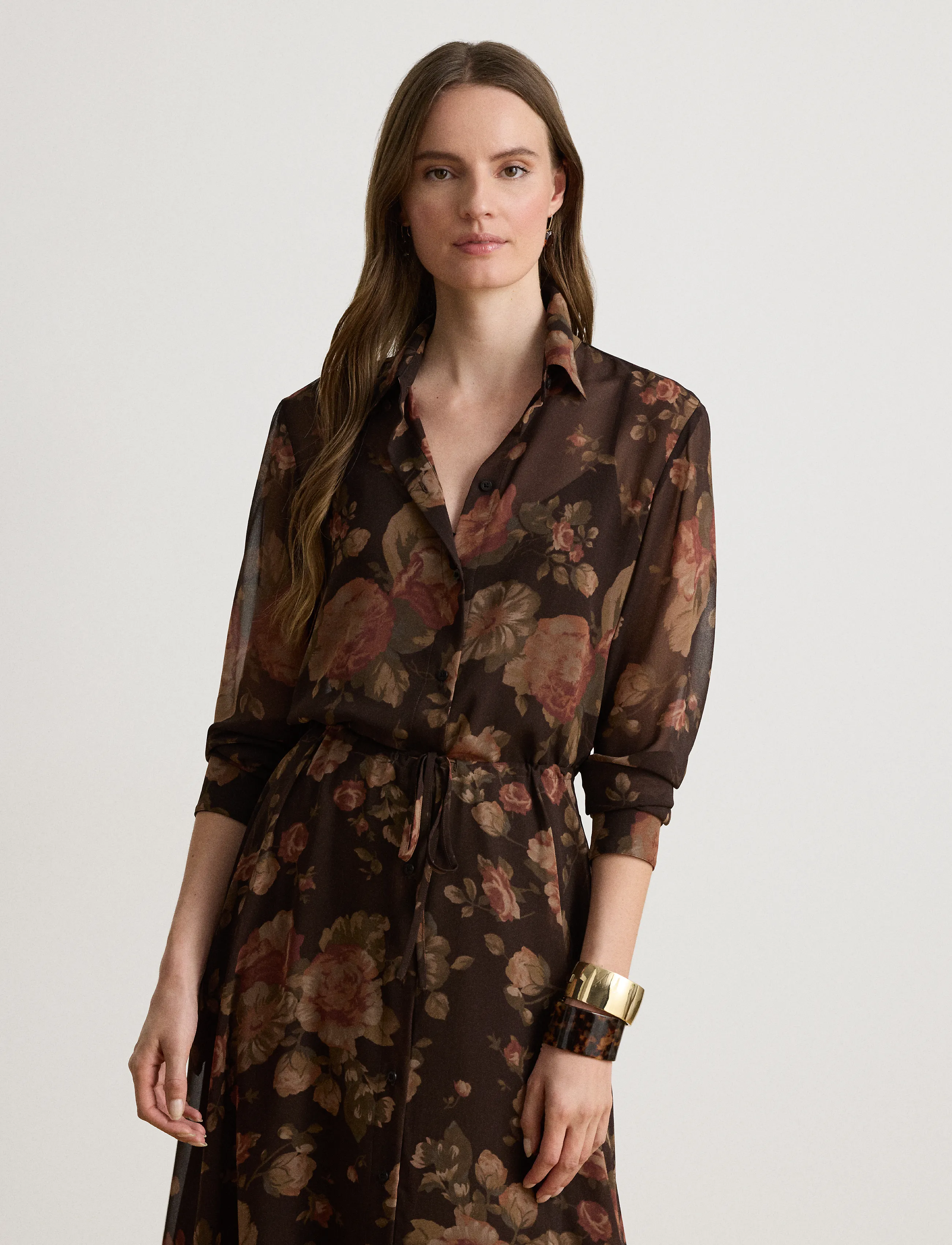 Lauren Ralph Lauren - Blommig skjortklänning i chiffong - skjortklänningar - brown multi - 4