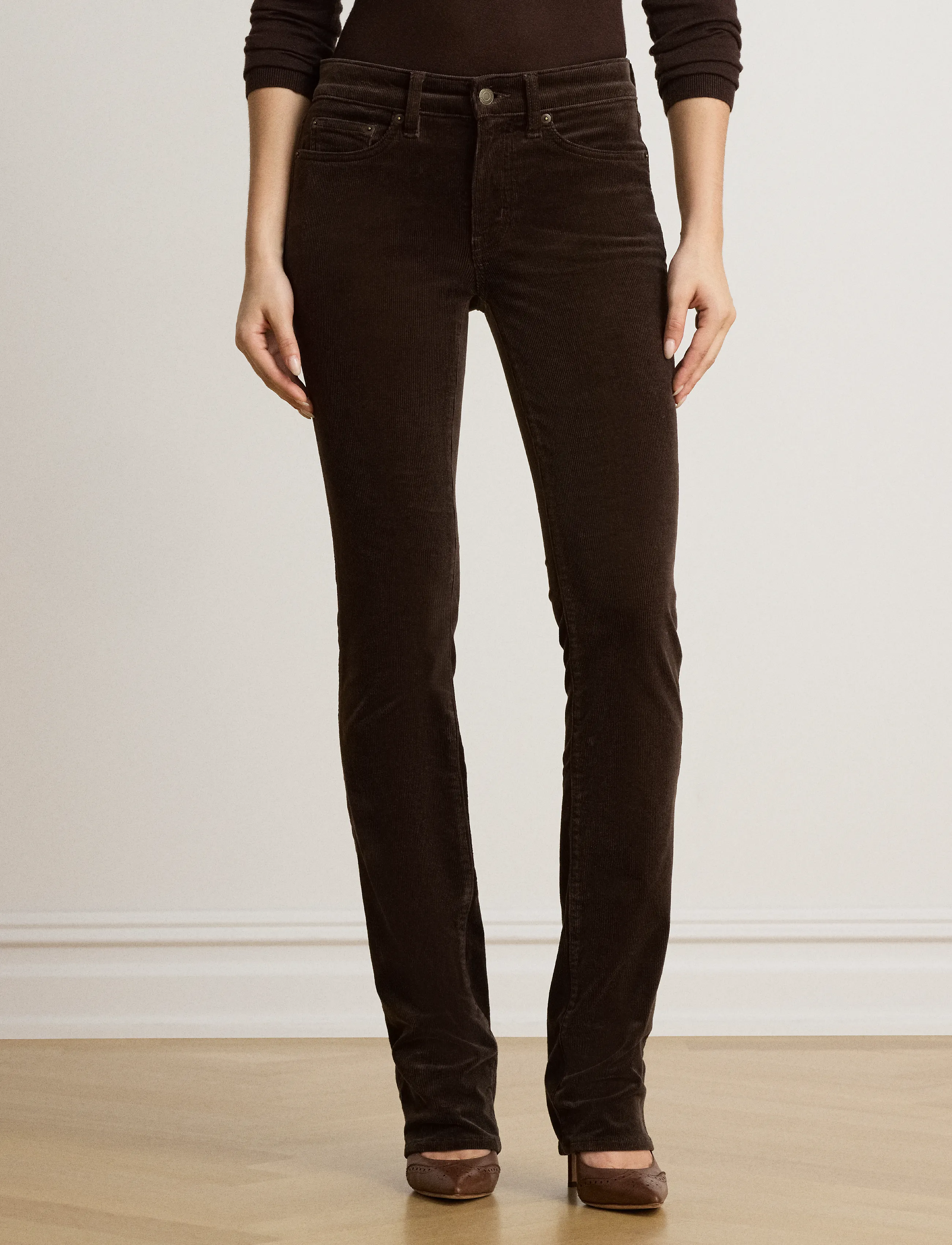 Lauren Ralph Lauren - Mid-Rise Corduroy Slim Straight Pant - kitsad püksid - circuit brown - 4