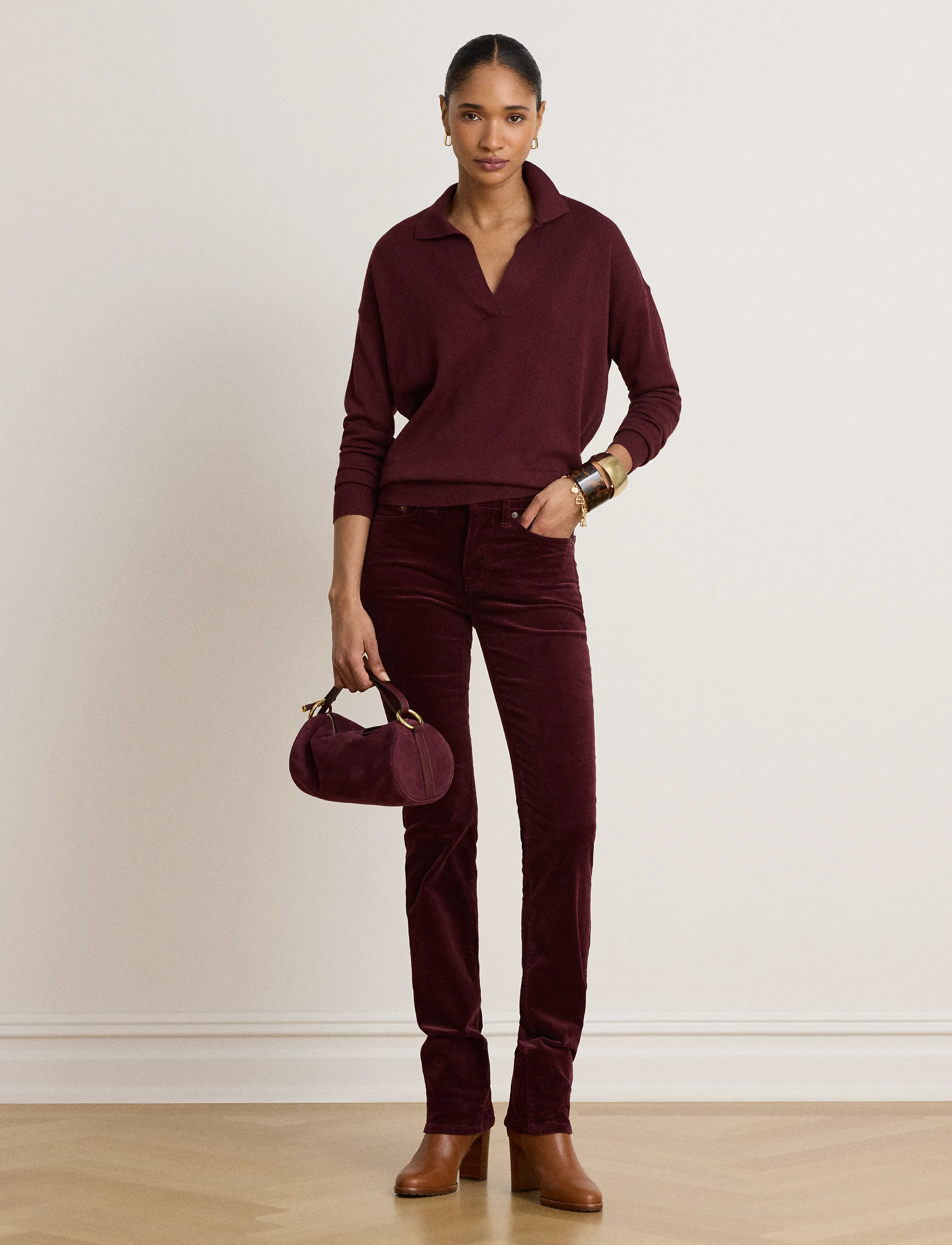Lauren Ralph Lauren 14 WALE CORD-WVN-PANTS - Byxor - DARK GARNET / burgundy