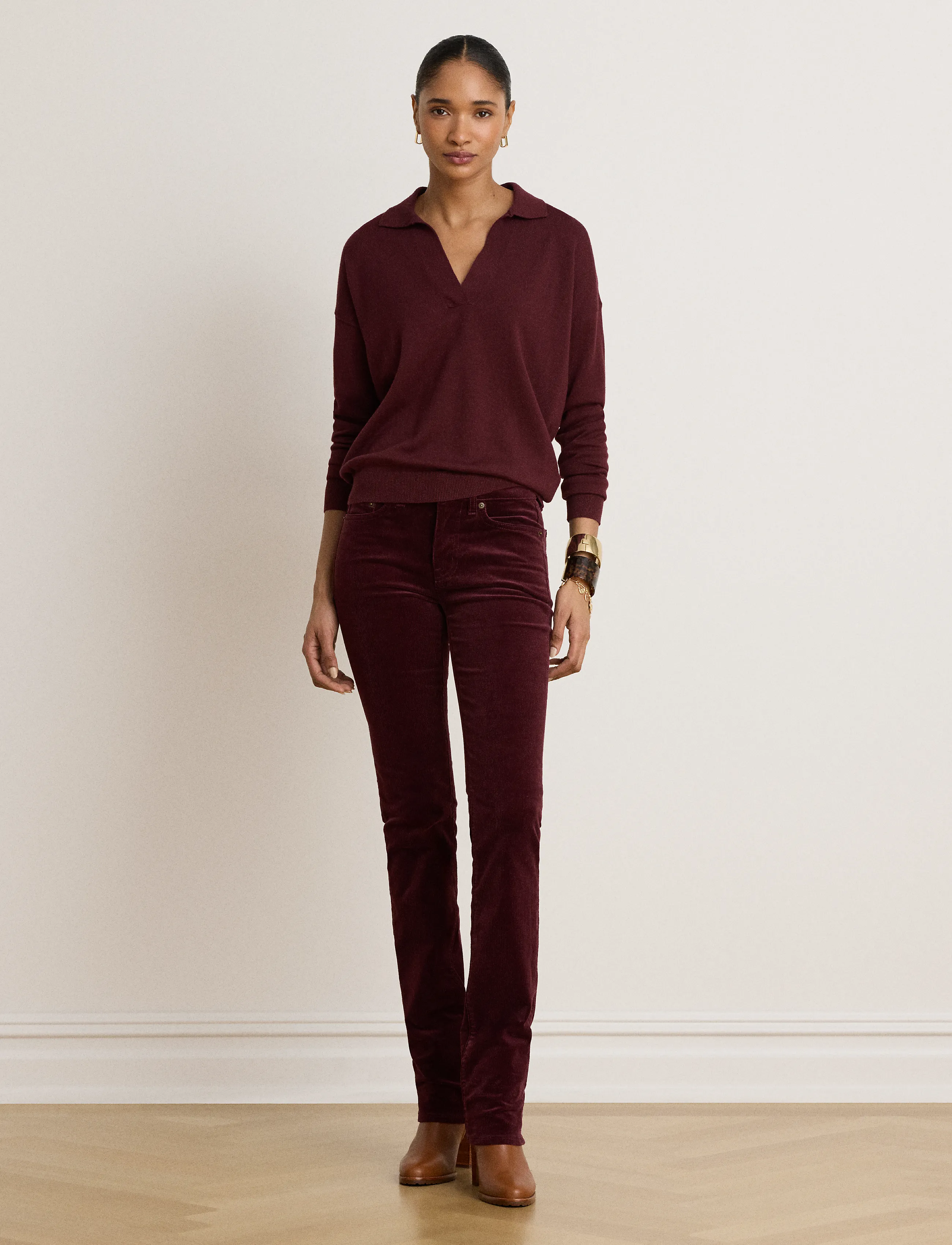 Lauren Ralph Lauren - 14 WALE CORD-WVN-PANTS - slim fit-byxor - dark garnet - 4