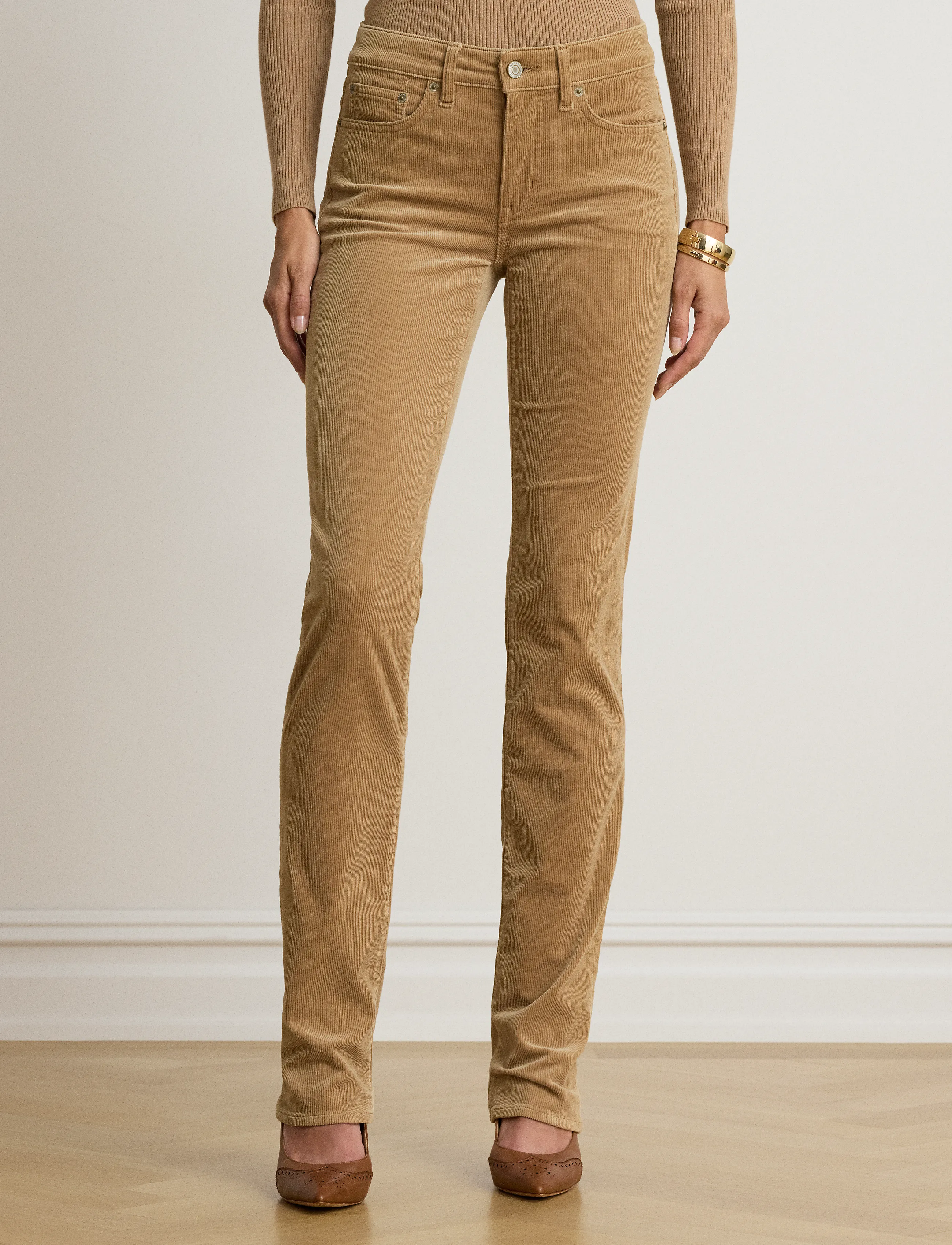 Lauren Ralph Lauren - Mid-Rise Corduroy Slim Straight Pant - velvetpüksid - lauren camel - 5