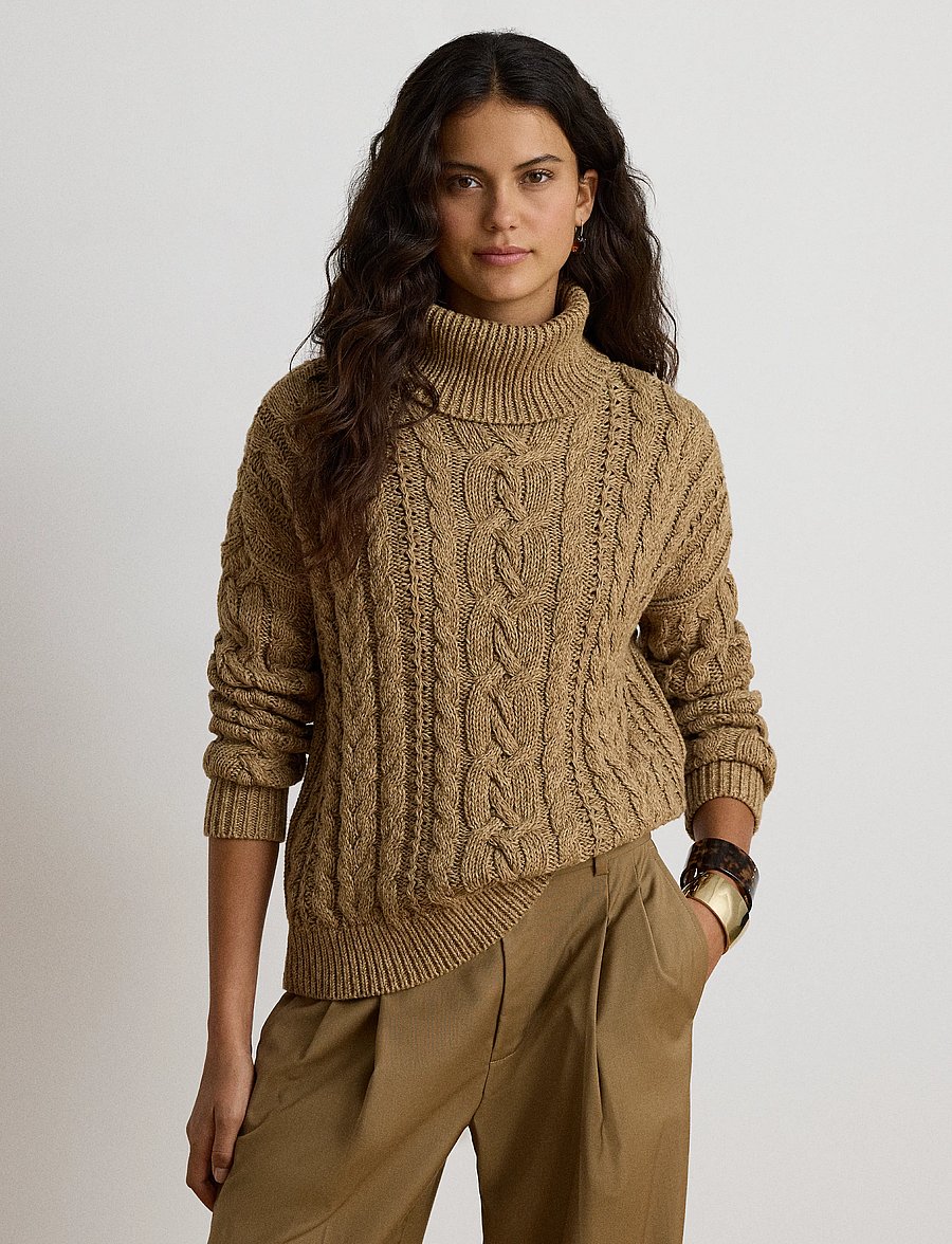 Lauren Ralph Lauren - Marled Cable-Knit Turtleneck Sweater - pullover - camel marl - 0