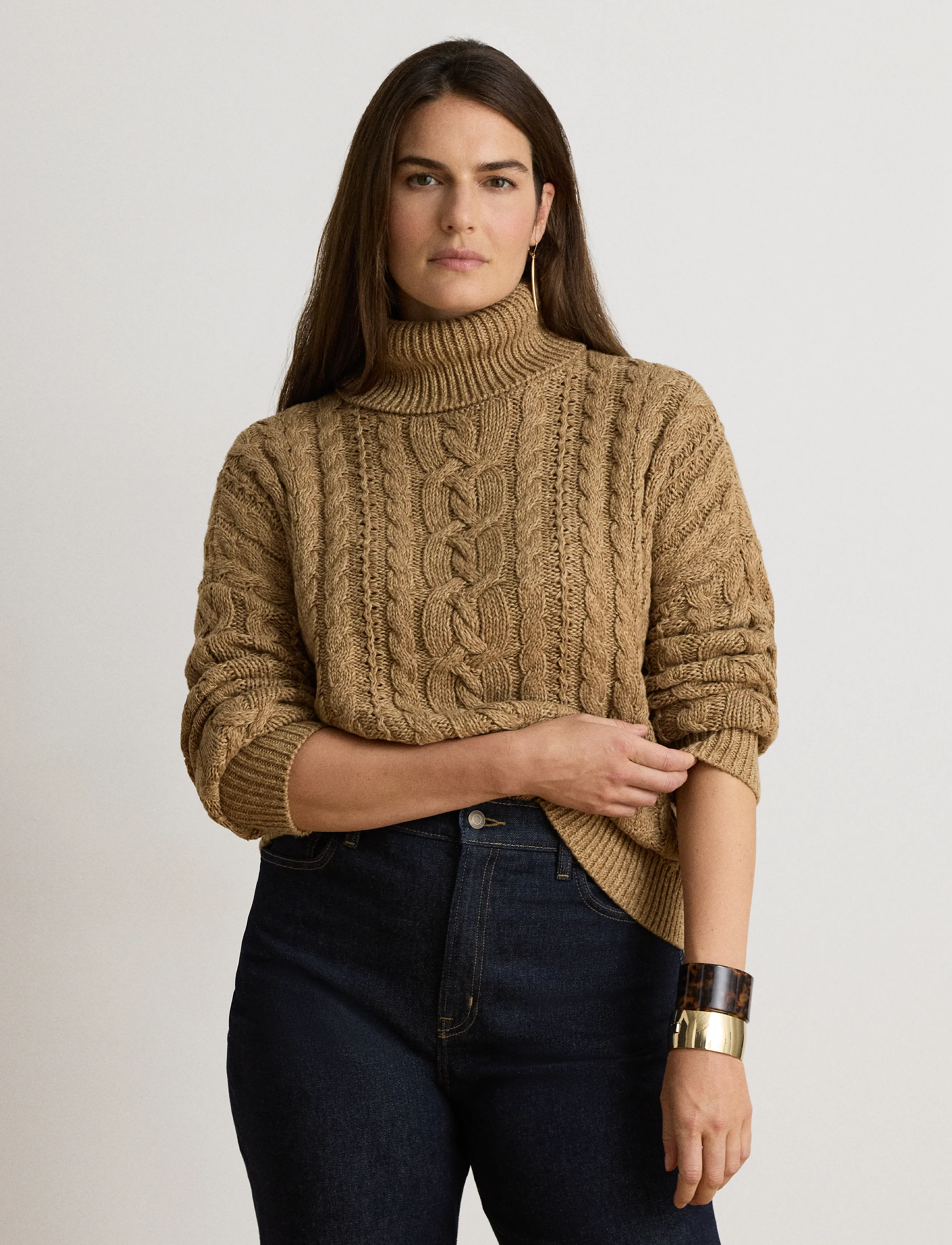 Lauren Ralph Lauren - Marled Cable-Knit Turtleneck Sweater - pullover - camel marl - 4
