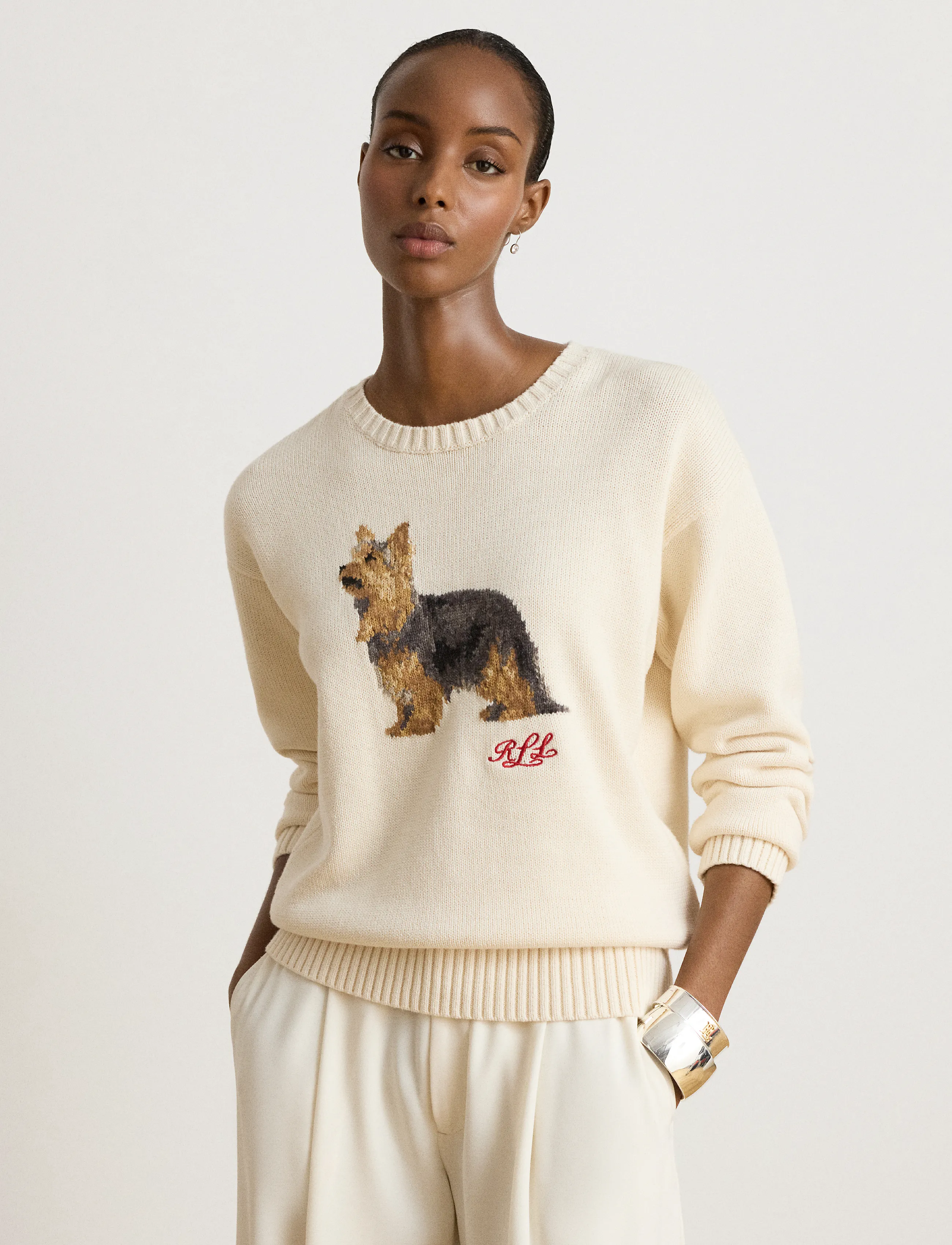 Lauren Ralph Lauren - Intarsia-Knit Yorkshire Terrier Sweater - mascarpone cream - 0