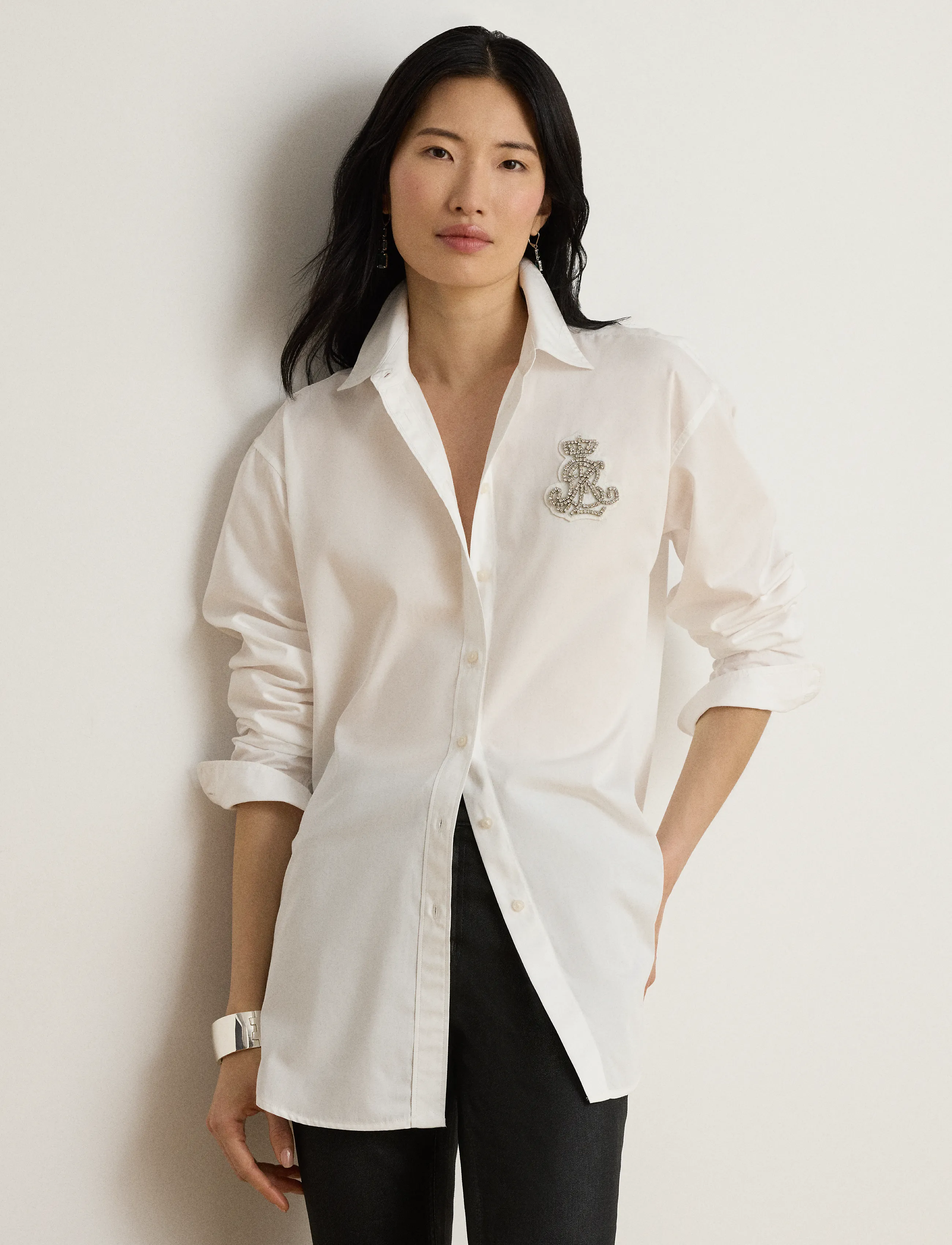 Lauren Ralph Lauren Relaxed Fit Rhinestone-Bullion Shirt - Lauren Ralph Lauren - WHITE / white