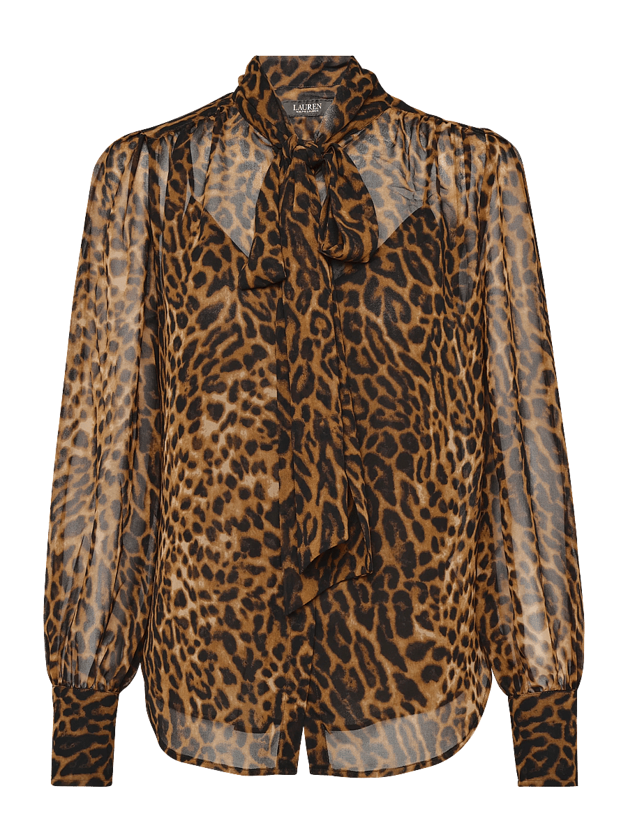 Lauren Ralph Lauren - Ocelot-Print Chiffon Tie-Neck Blouse - långärmade blusar - tan multi - 0