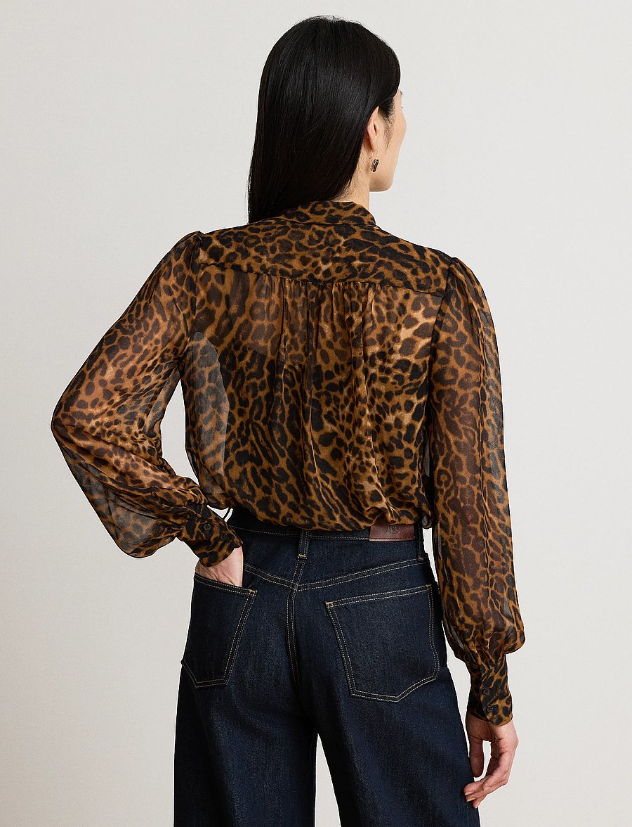 Lauren Ralph Lauren - Ocelot-Print Chiffon Tie-Neck Blouse - långärmade blusar - tan multi - 2