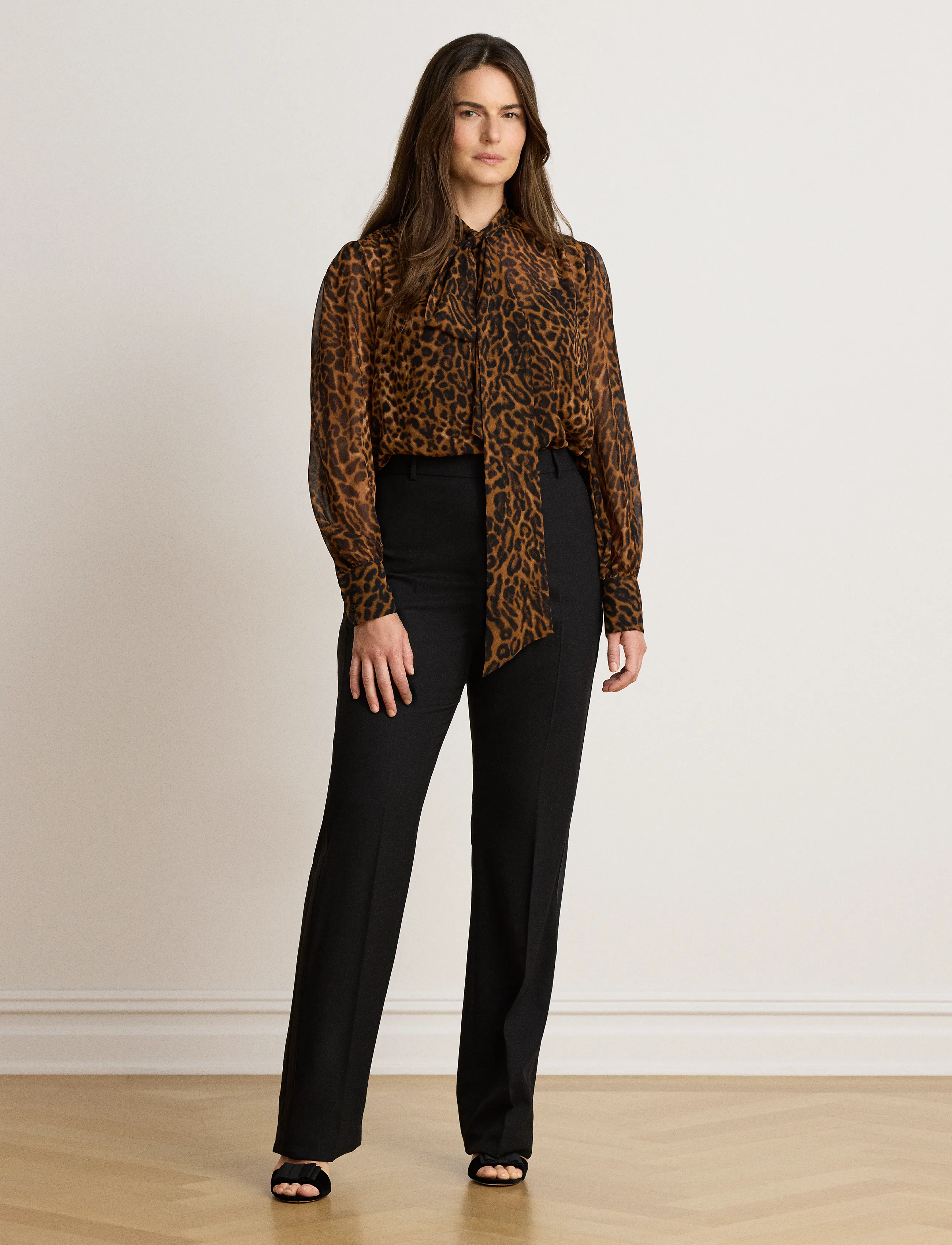 Lauren Ralph Lauren - Ocelot-Print Chiffon Tie-Neck Blouse - långärmade blusar - tan multi - 3