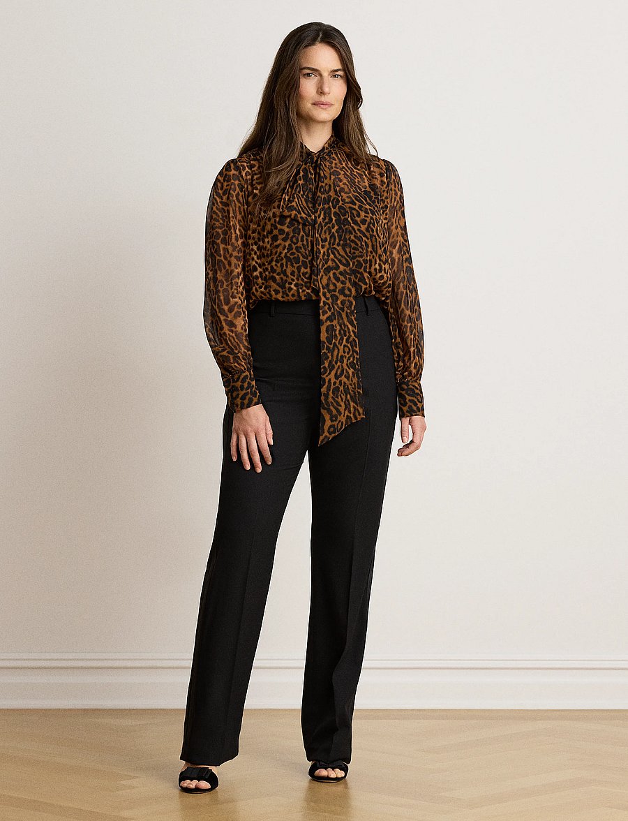 Lauren Ralph Lauren - Ocelot-Print Chiffon Tie-Neck Blouse - långärmade blusar - tan multi - 3