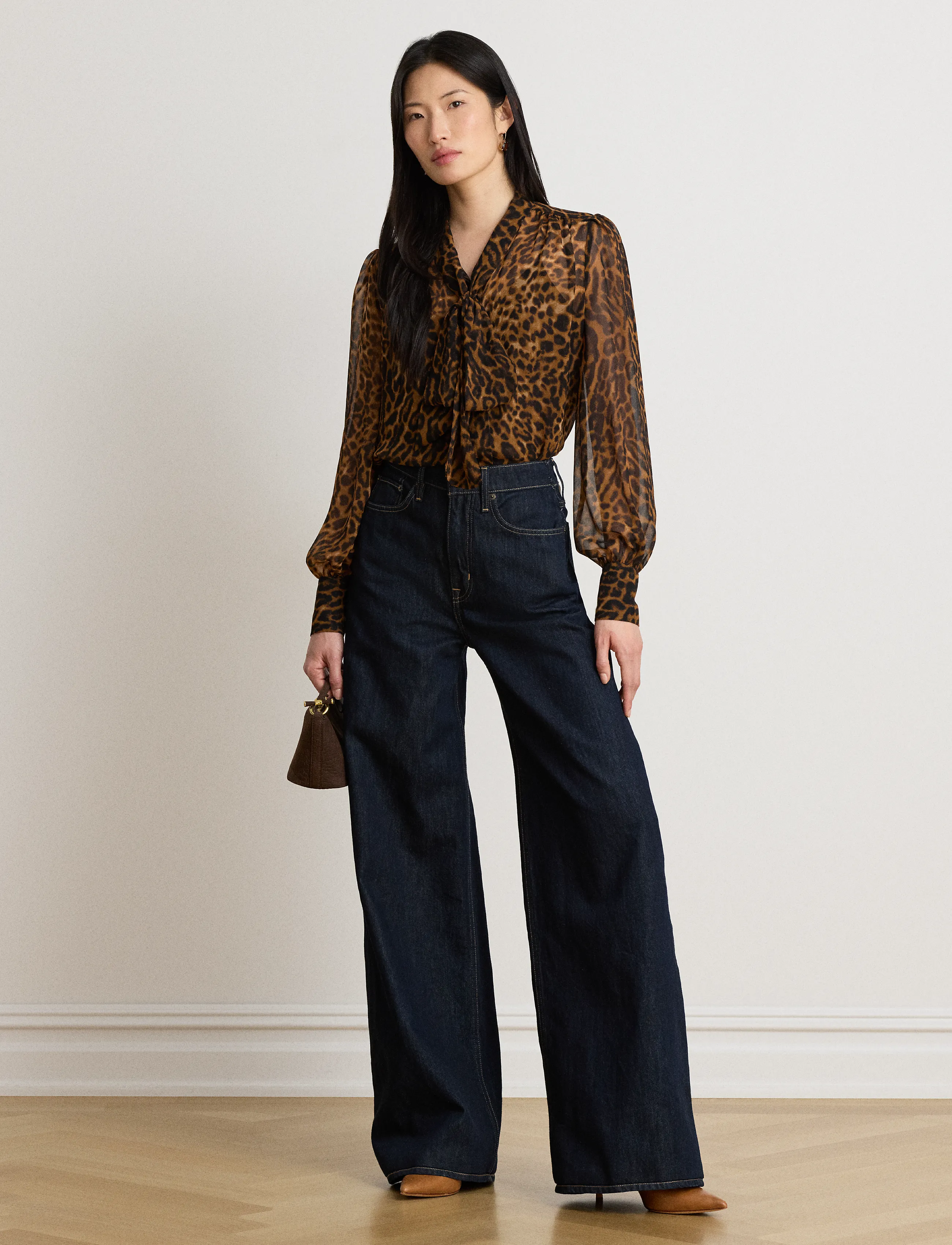 Lauren Ralph Lauren - Ocelot-Print Chiffon Tie-Neck Blouse - långärmade blusar - tan multi - 4