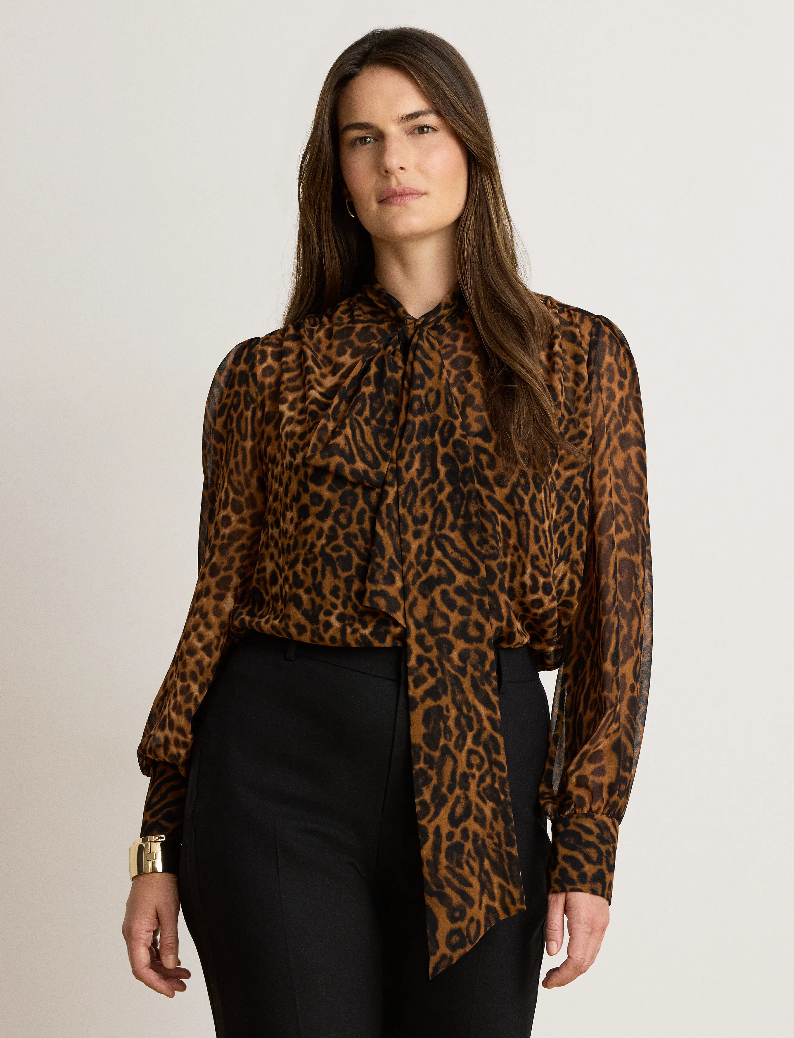 Lauren Ralph Lauren - Ocelot-Print Chiffon Tie-Neck Blouse - långärmade blusar - tan multi - 5