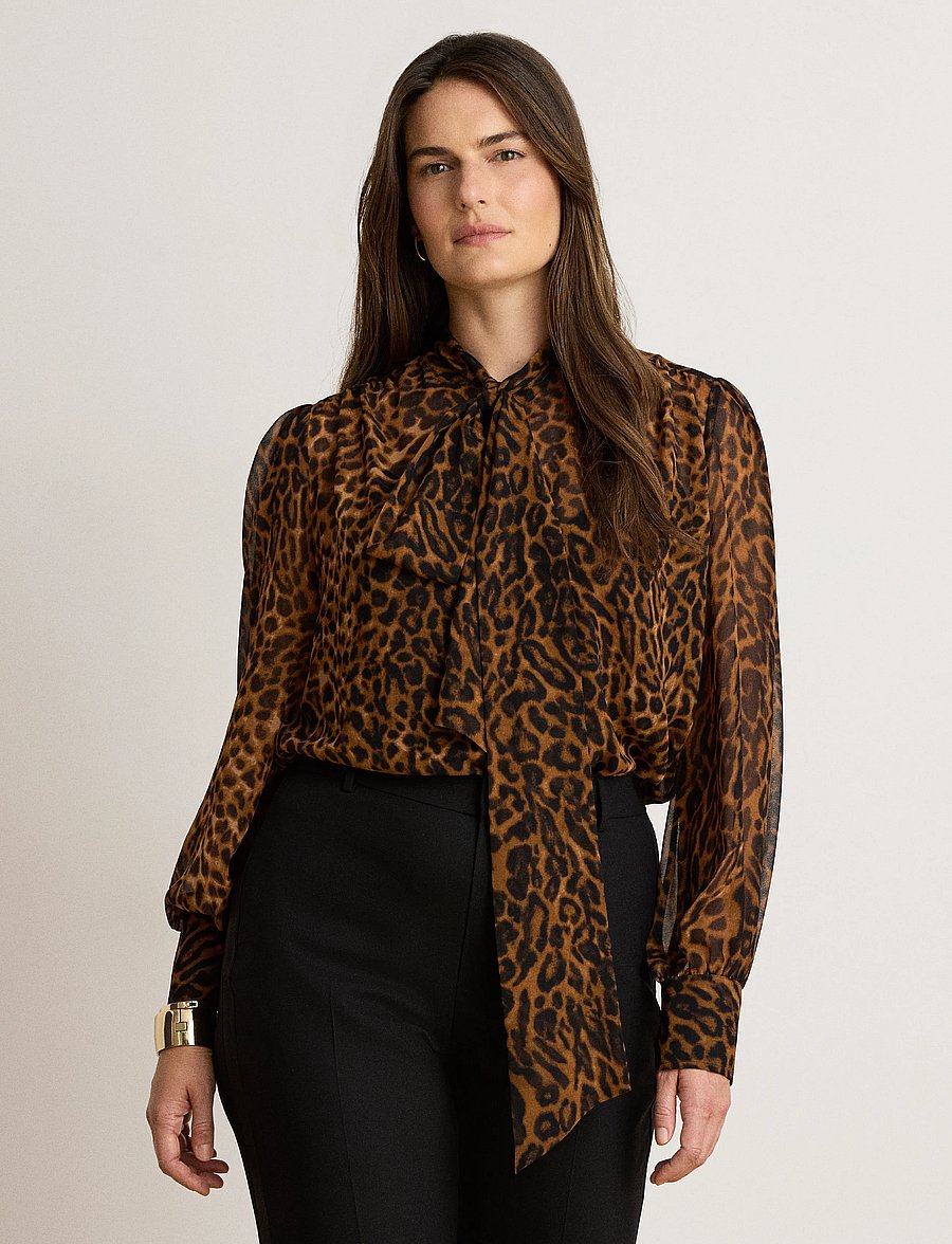 Lauren Ralph Lauren - Ocelot-Print Chiffon Tie-Neck Blouse - långärmade blusar - tan multi - 5