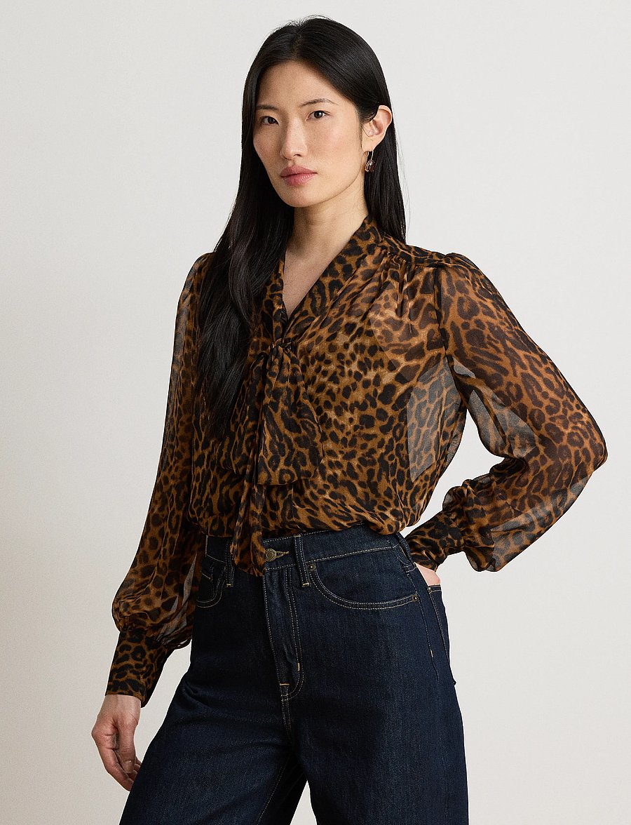 Lauren Ralph Lauren - Ocelot-Print Chiffon Tie-Neck Blouse - langärmelige blusen - tan multi - 2