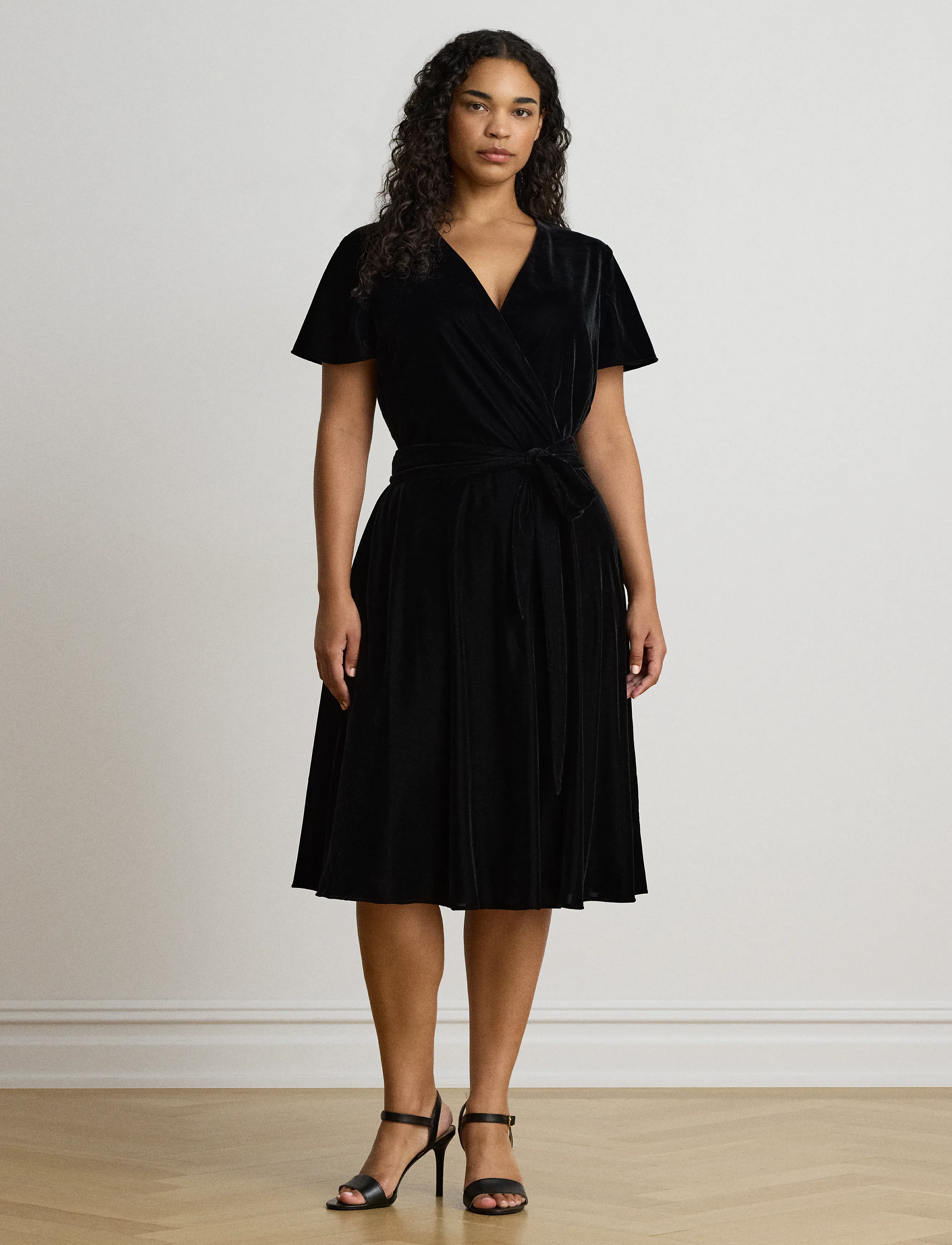 Lauren Ralph Lauren Belted Velvet Surplice Dress - Riided - BLACK VELVET / black