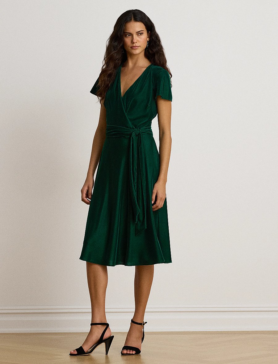 Lauren Ralph Lauren - Belted Velvet Surplice Dress - hõlmikkleidid - dark evergreen vl - 1