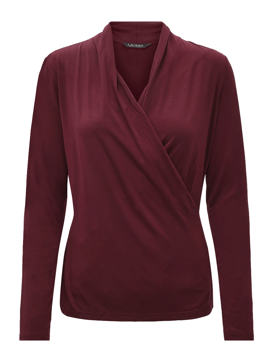 Lauren Ralph Lauren - Stretch Jersey Surplice Top - langärmlige tops - dark garnet - 1