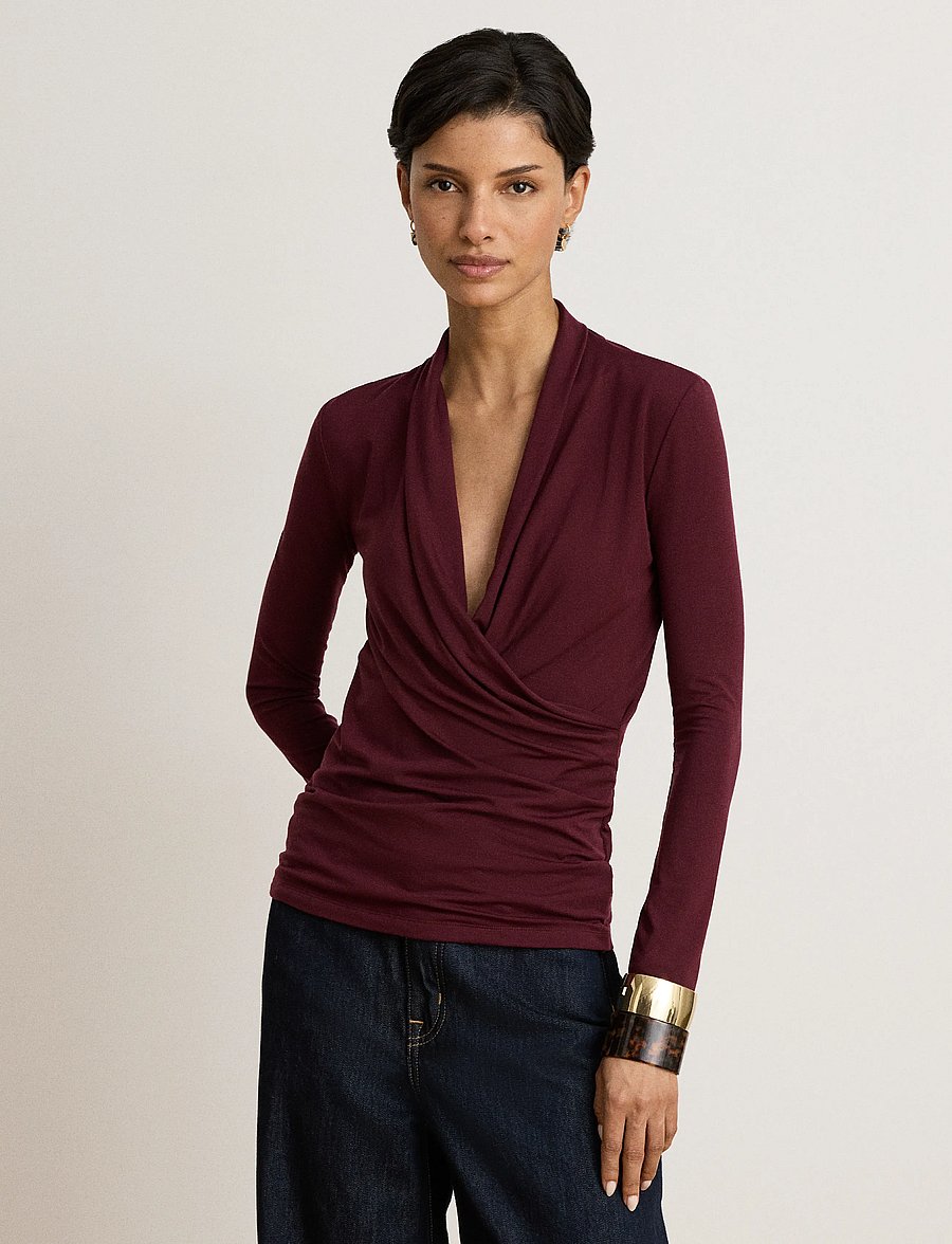 Lauren Ralph Lauren - Stretch Jersey Surplice Top - langärmlige tops - dark garnet - 0