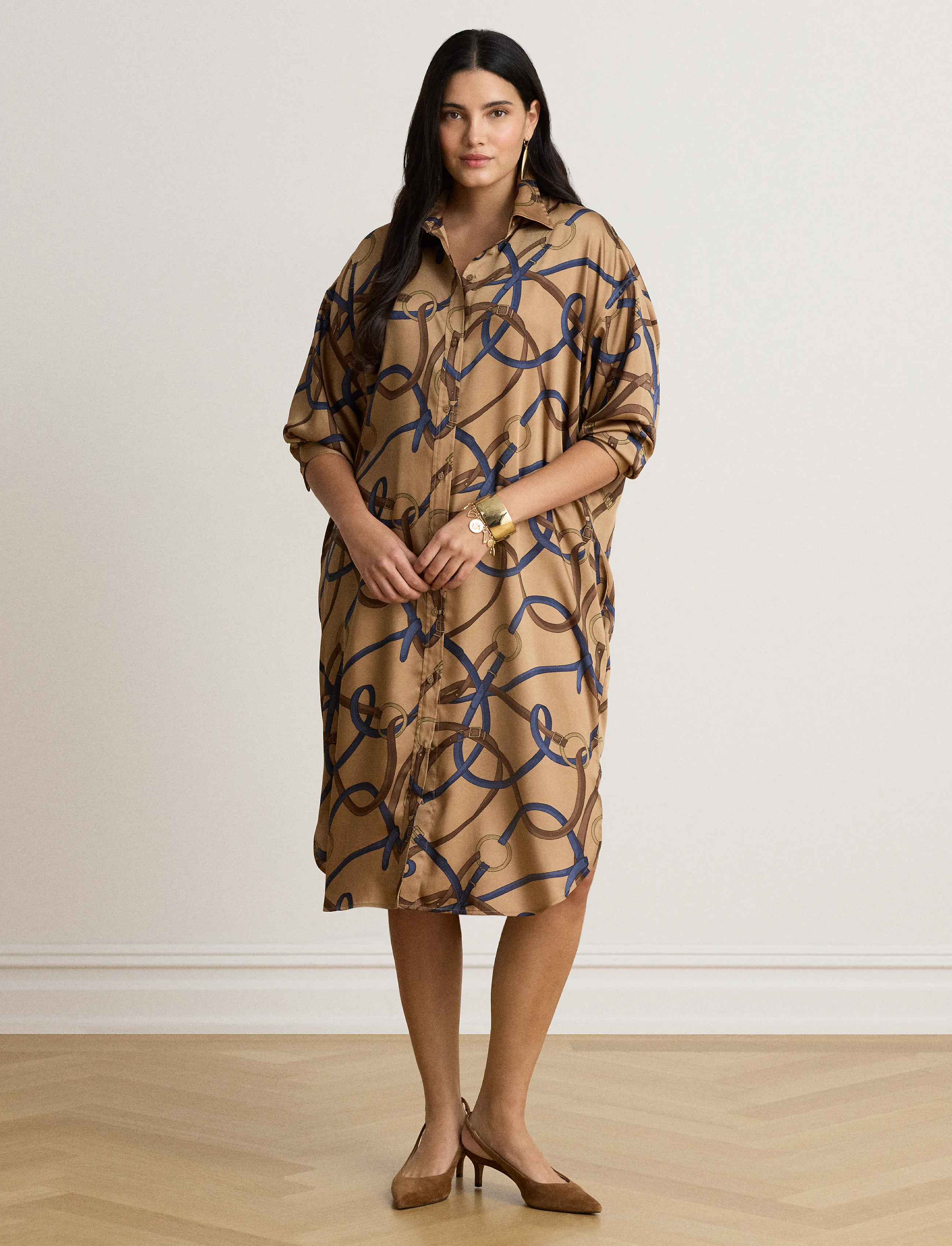 Lauren Ralph Lauren - Belting-Print Twill Midi Shirtdress - hemdkleider - camel multi - 3