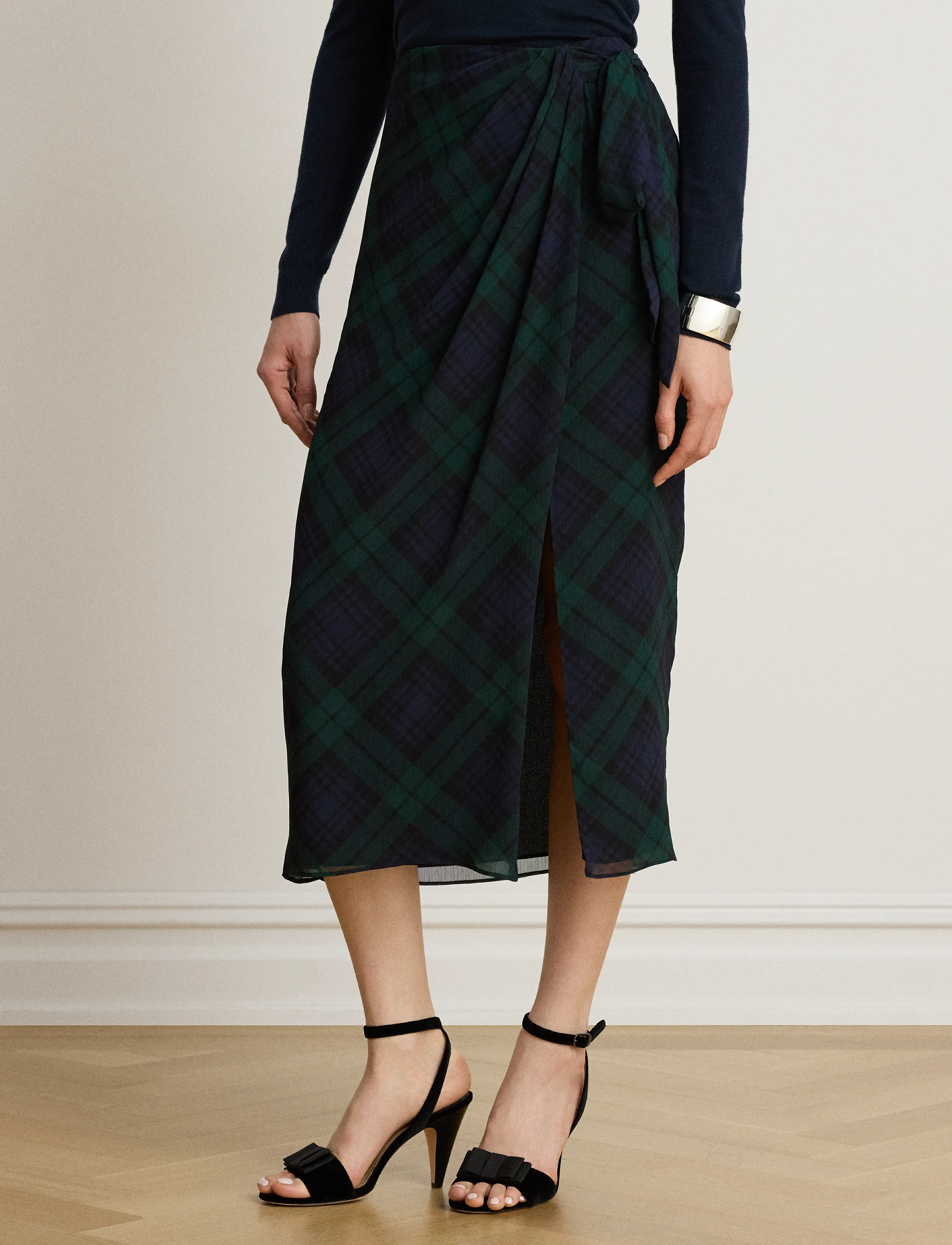 Lauren Ralph Lauren - Plaid Tie-Front Georgette Midi Skirt - hõlmikseelikud - navy/green/black - 1