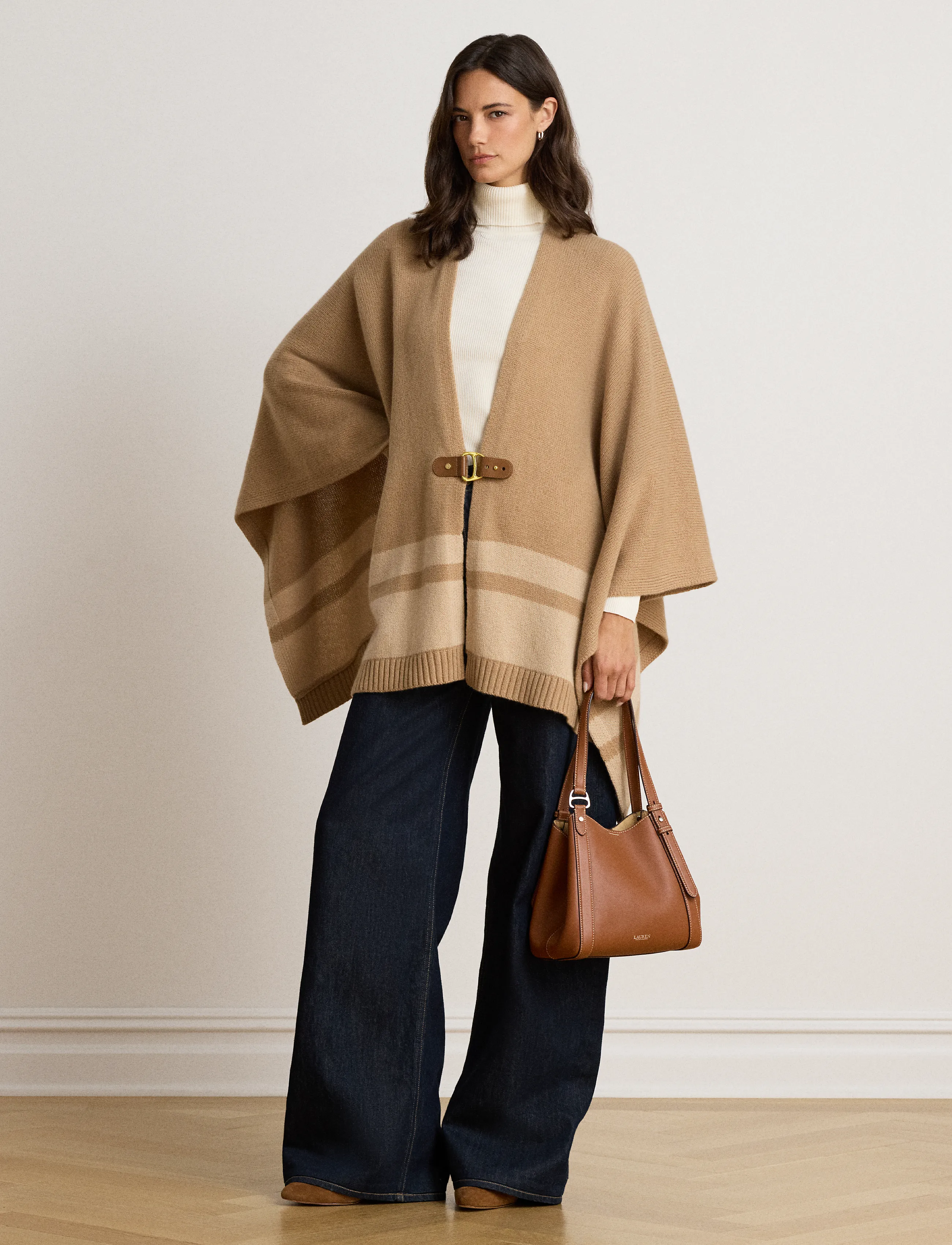 Lauren Ralph Lauren Buckle-Trim Wool-Cashmere Sweater Poncho - Stickat - CAMEL MULTI / beige