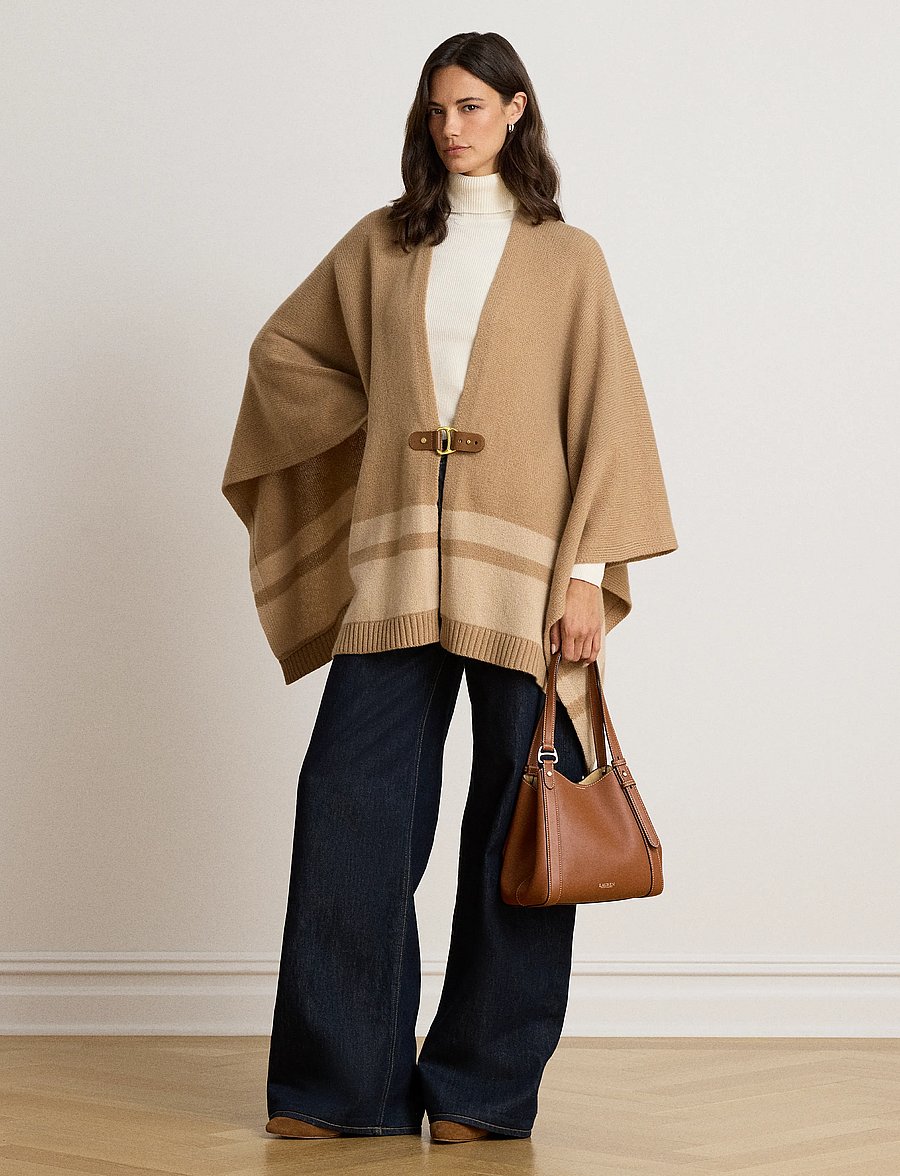 Lauren Ralph Lauren - Buckle-Trim Wool-Cashmere Sweater Poncho - cashmere - camel multi - 1