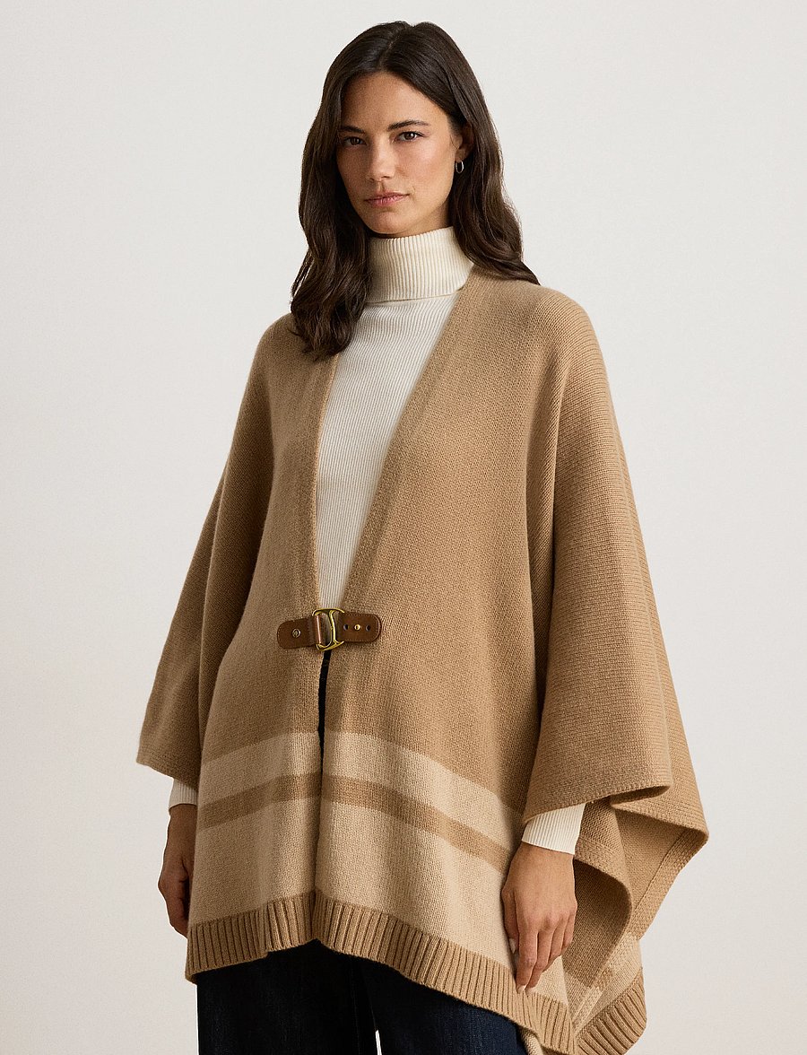 Lauren Ralph Lauren - Buckle-Trim Wool-Cashmere Sweater Poncho - cashmere - camel multi - 5