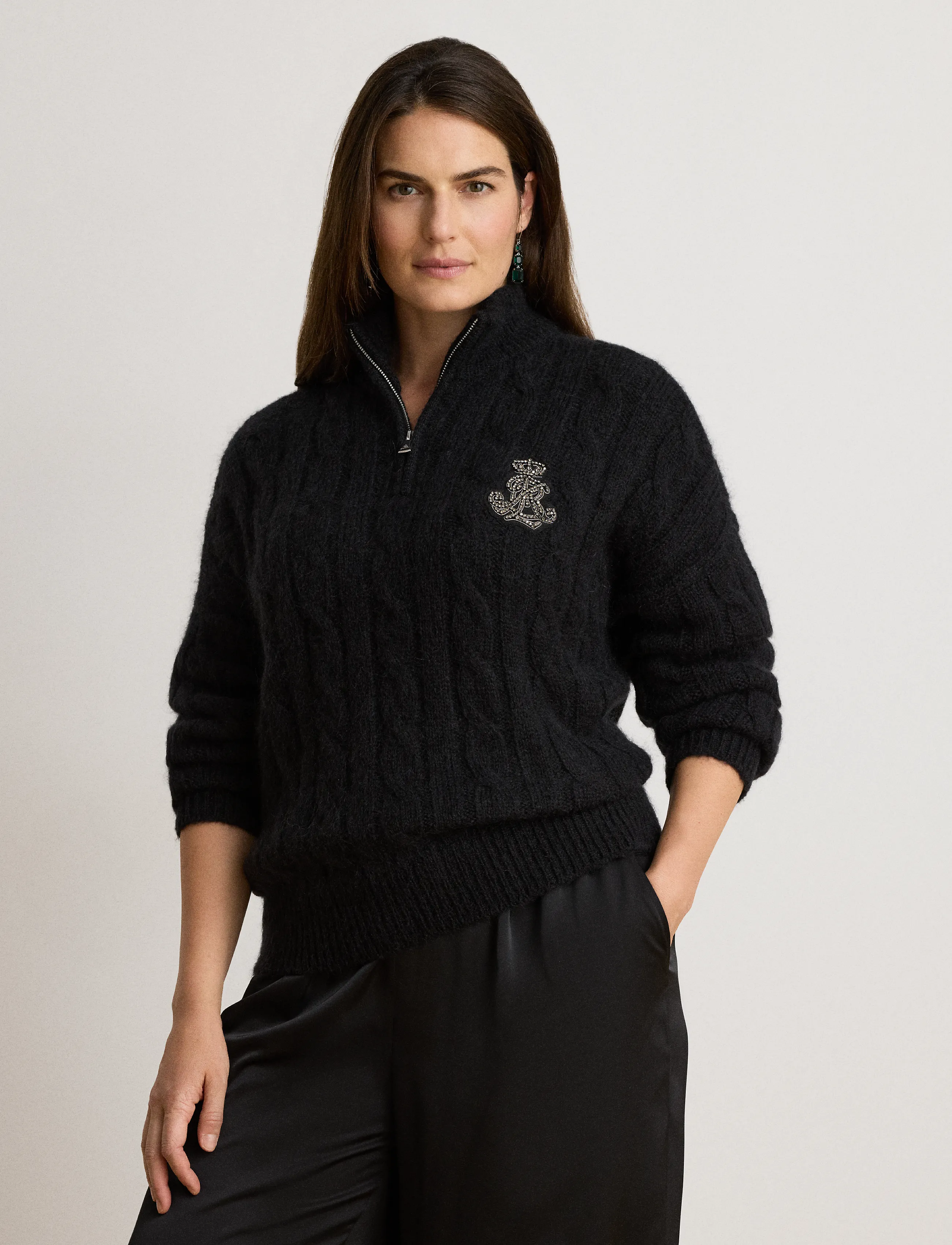 Lauren Ralph Lauren - Cable Funnelneck Quarter-Zip Sweater - stickade tröjor - black - 0