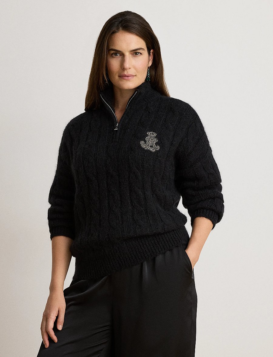 Lauren Ralph Lauren - Cable Funnelneck Quarter-Zip Sweater - stickade tröjor - black - 0