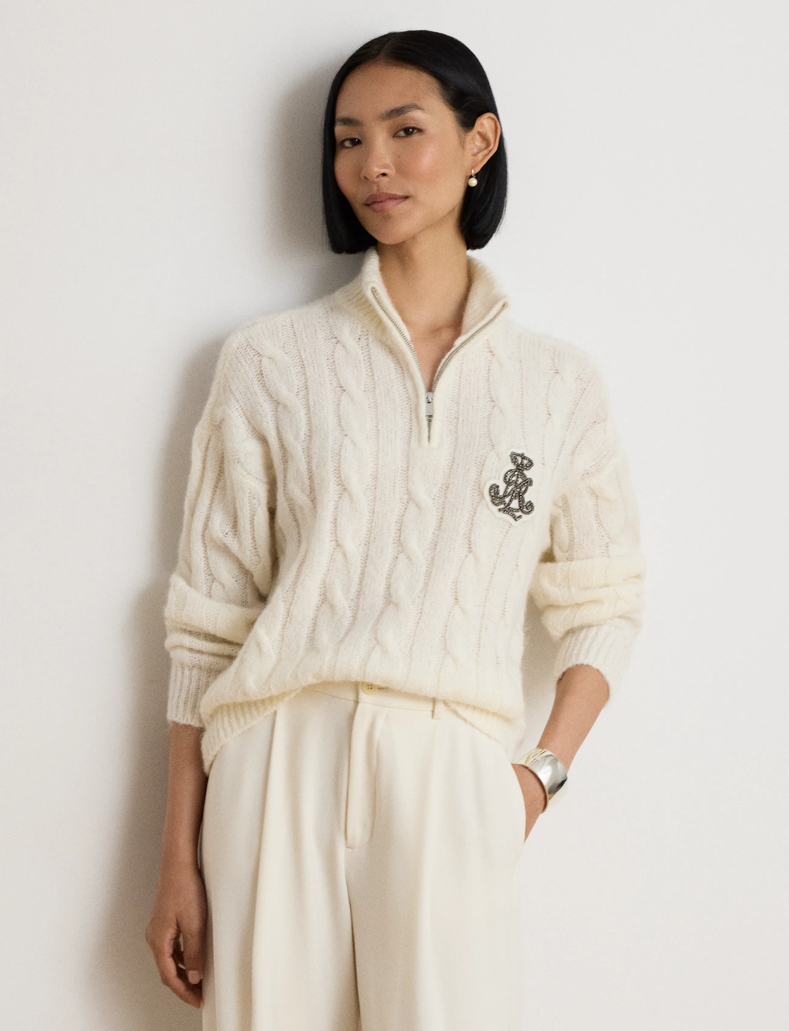 Lauren Ralph Lauren - Cable Funnelneck Quarter-Zip Sweater - mascarpone cream - 0