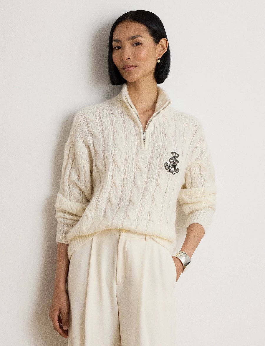 Lauren Ralph Lauren - Cable Funnelneck Quarter-Zip Sweater - mascarpone cream - 0