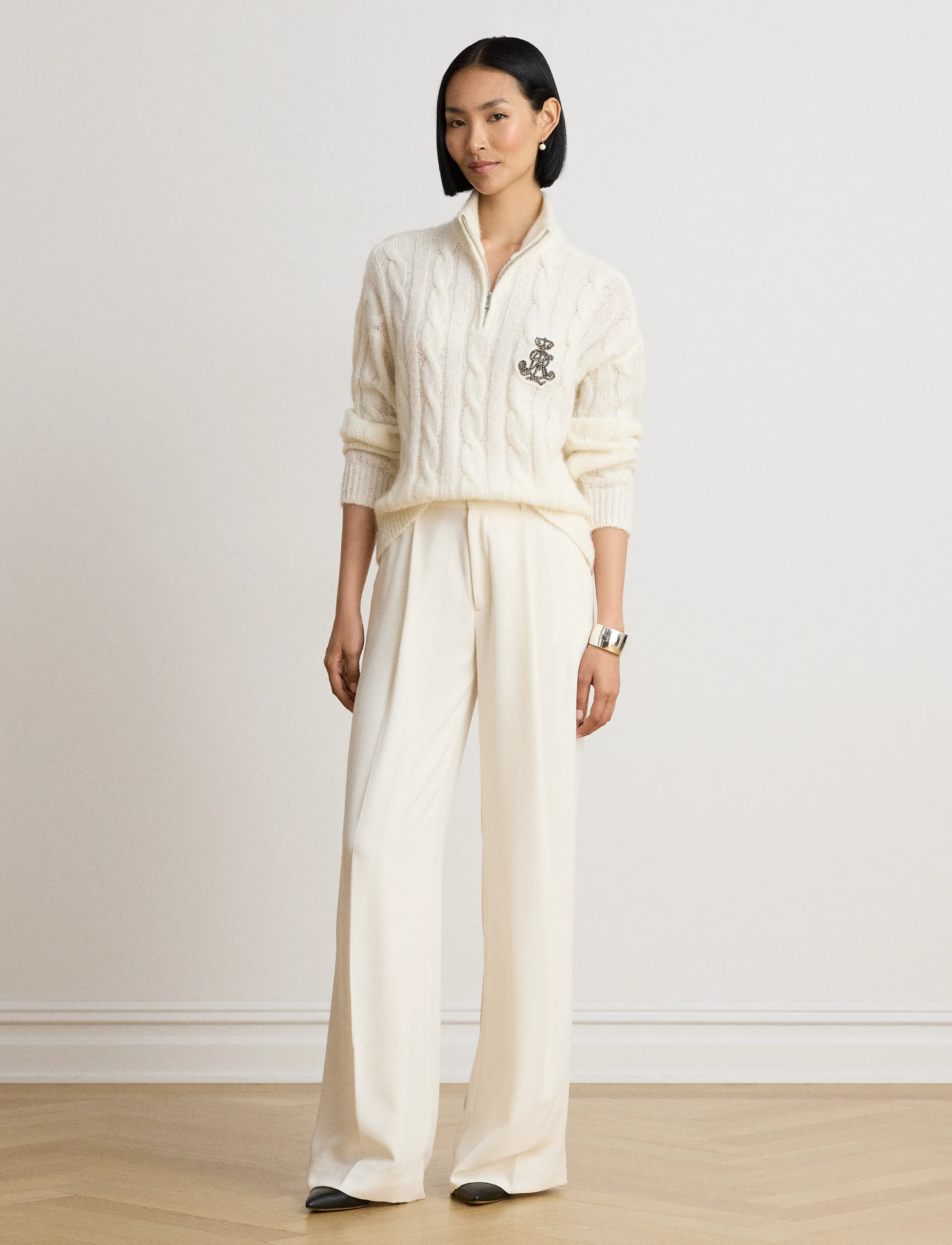 Lauren Ralph Lauren - Cable Funnelneck Quarter-Zip Sweater - mascarpone cream - 4
