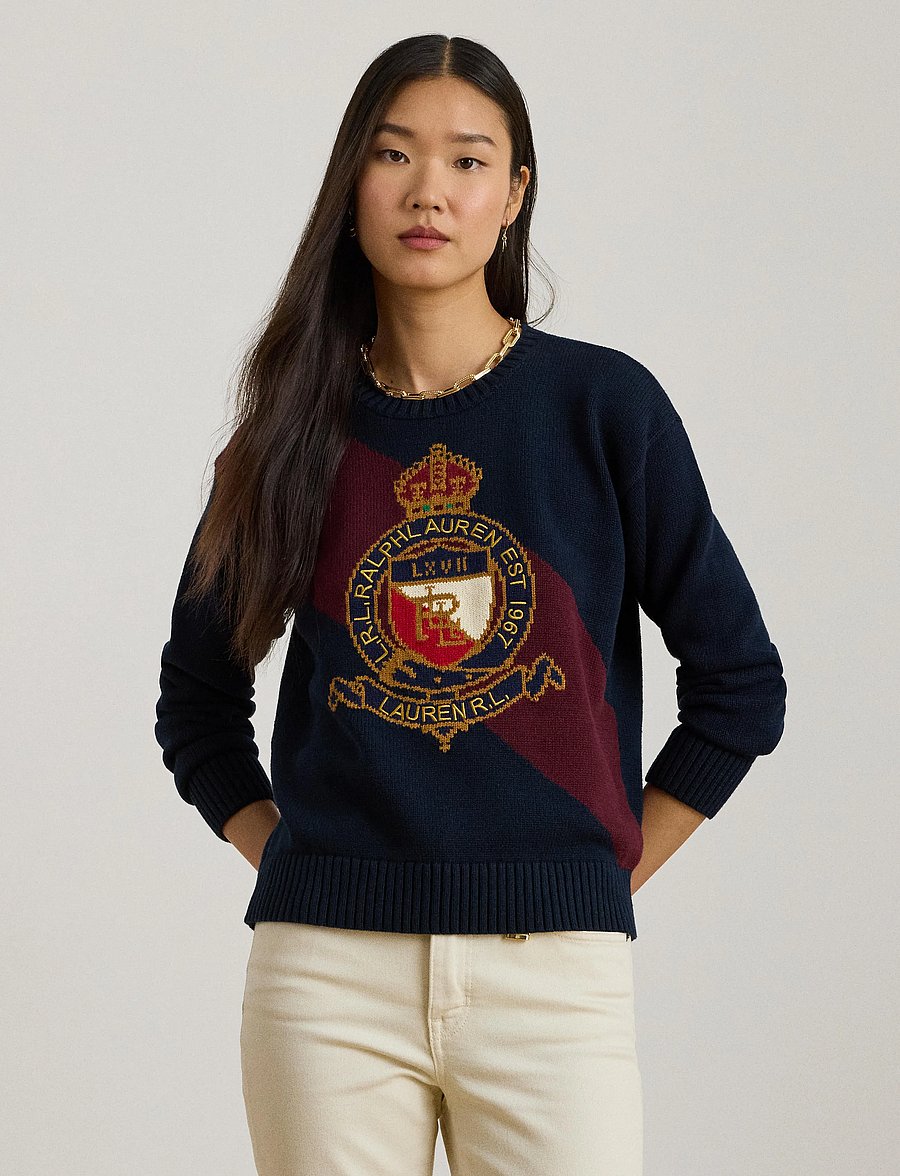Lauren Ralph Lauren - Color-Blocked Crest Cotton Sweater - striktrøjer - lauren navy multi - 0