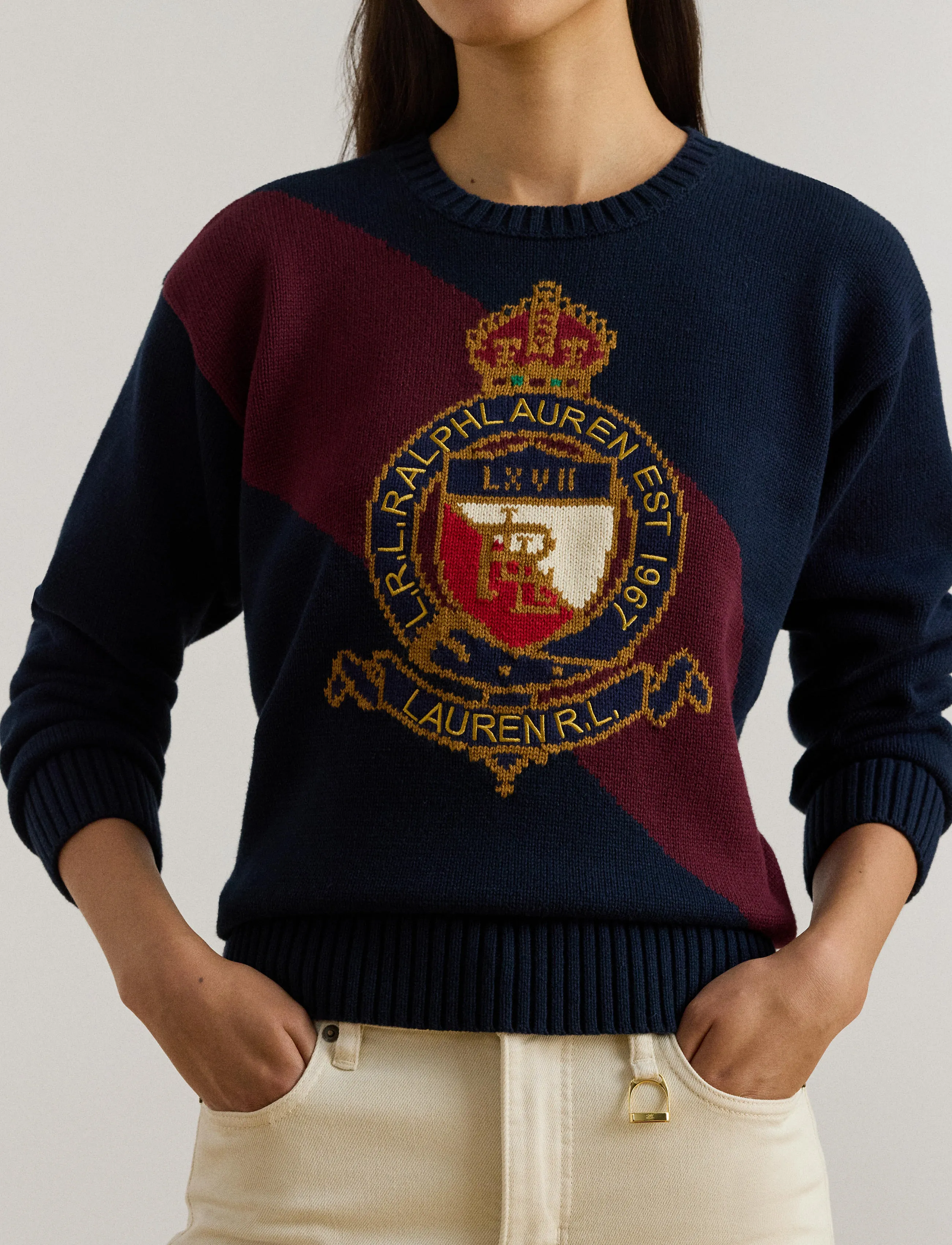 Lauren Ralph Lauren - Color-Blocked Crest Cotton Sweater - striktrøjer - lauren navy multi - 4