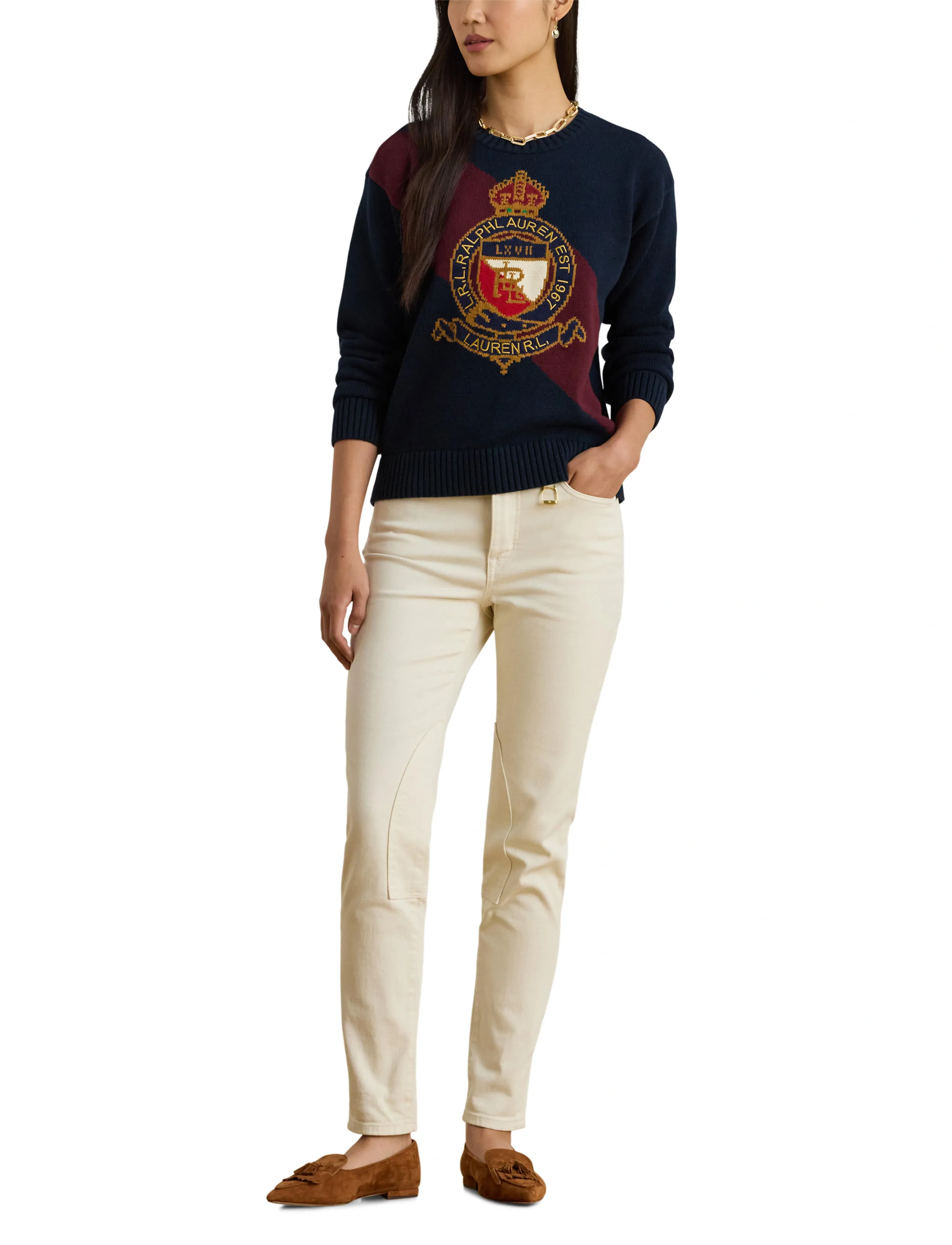 Lauren Ralph Lauren Color-Blocked Crest Cotton Sweater - Lauren Ralph Lauren - LAUREN NAVY MULTI / navy
