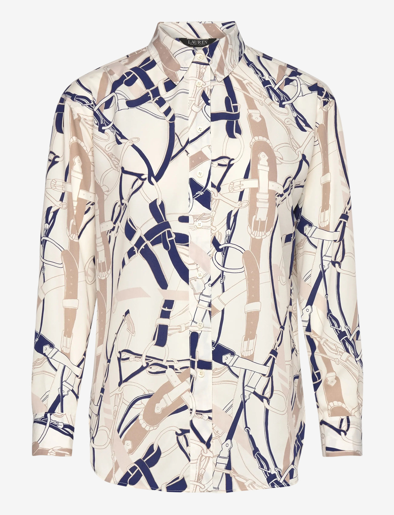 Lauren Ralph Lauren - Relaxed Fit Belting-Print Crepe Shirt - långärmade skjortor - cream/navy - 0