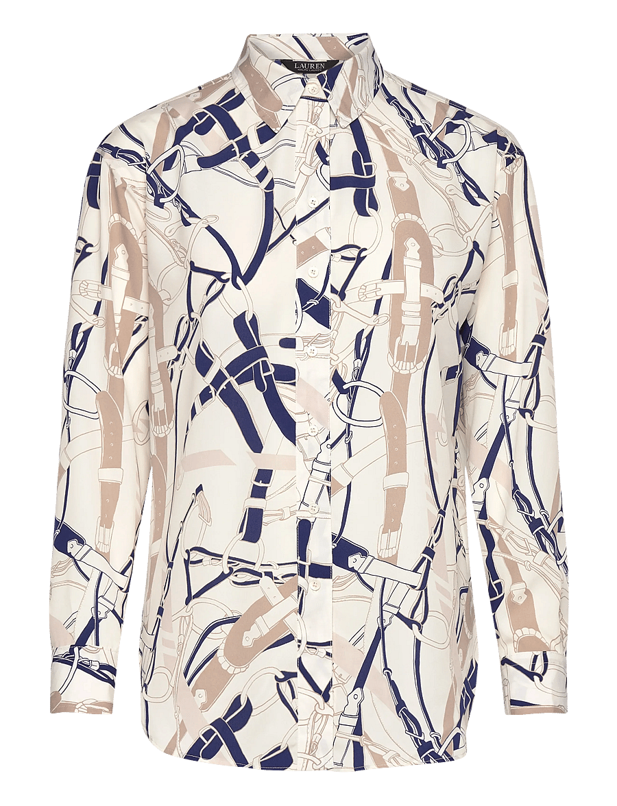 Lauren Ralph Lauren - Relaxed Fit Belting-Print Crepe Shirt - long-sleeved shirts - cream/navy - 0