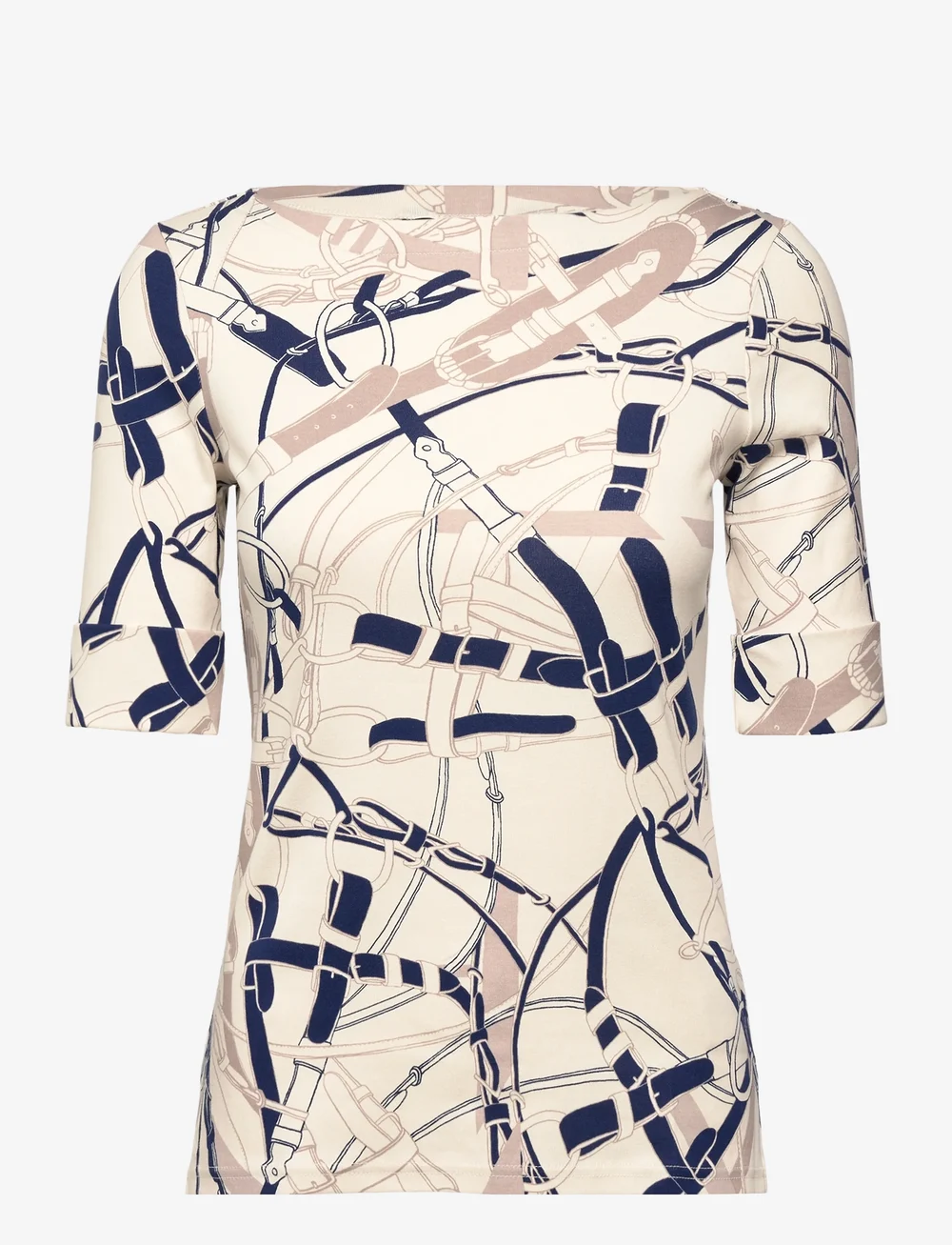 Lauren Ralph Lauren - Belting-Print Cotton Boatneck Tee - t-särgid - cream/navy multi - 0