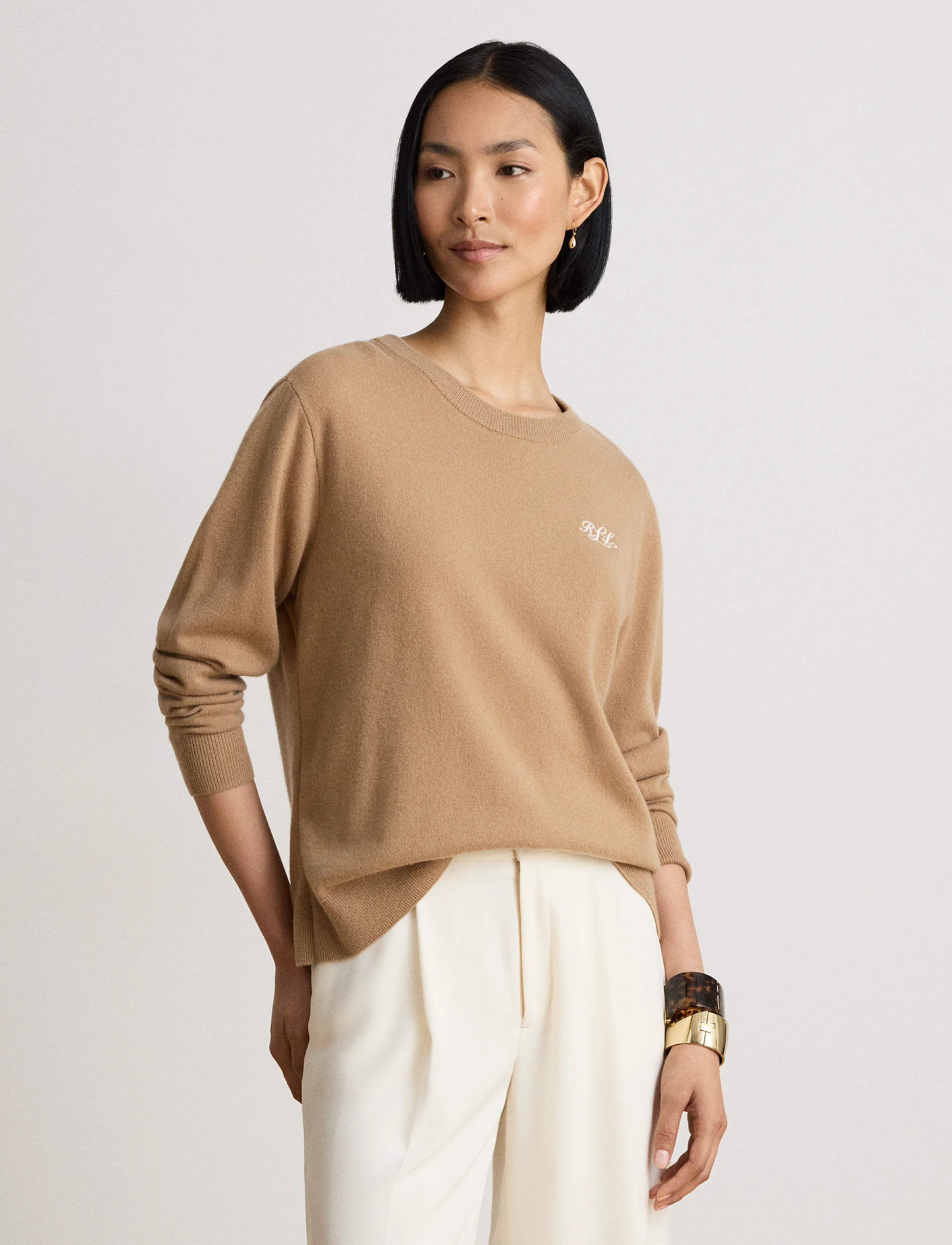Lauren Ralph Lauren Embroidered Cashmere Crewneck Sweater - Lauren Ralph Lauren - LAUREN CAMEL / brown