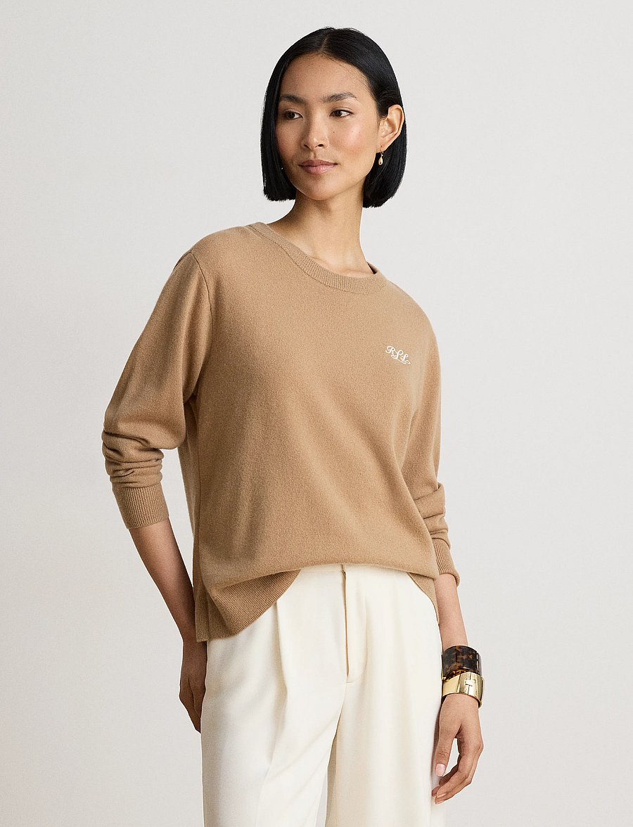 Lauren Ralph Lauren - Embroidered Cashmere Crewneck Sweater - cashmere - lauren camel - 0