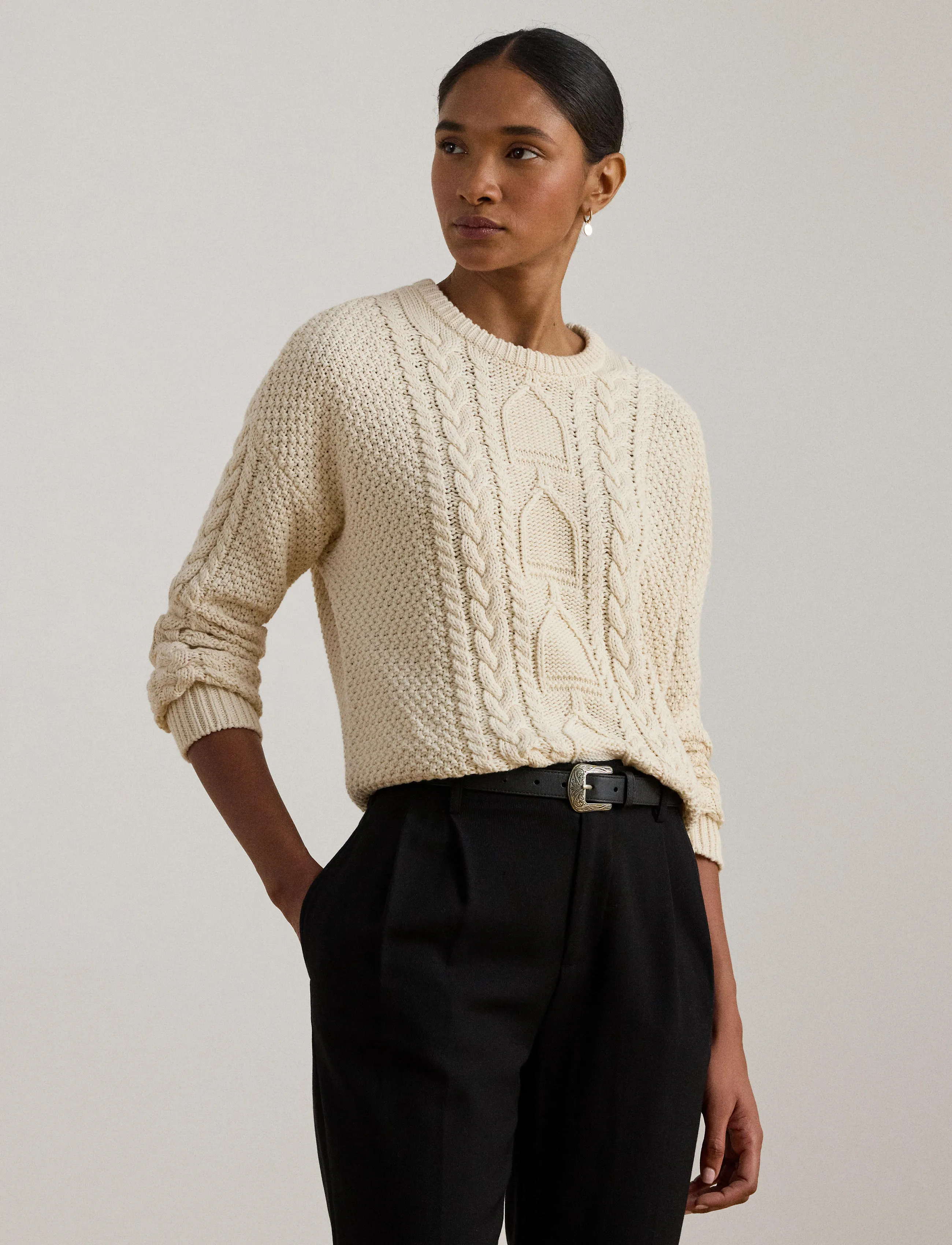 Lauren Ralph Lauren - Cable-Knit Cotton Crewneck Sweater - pullover - mascarpone cream - 3