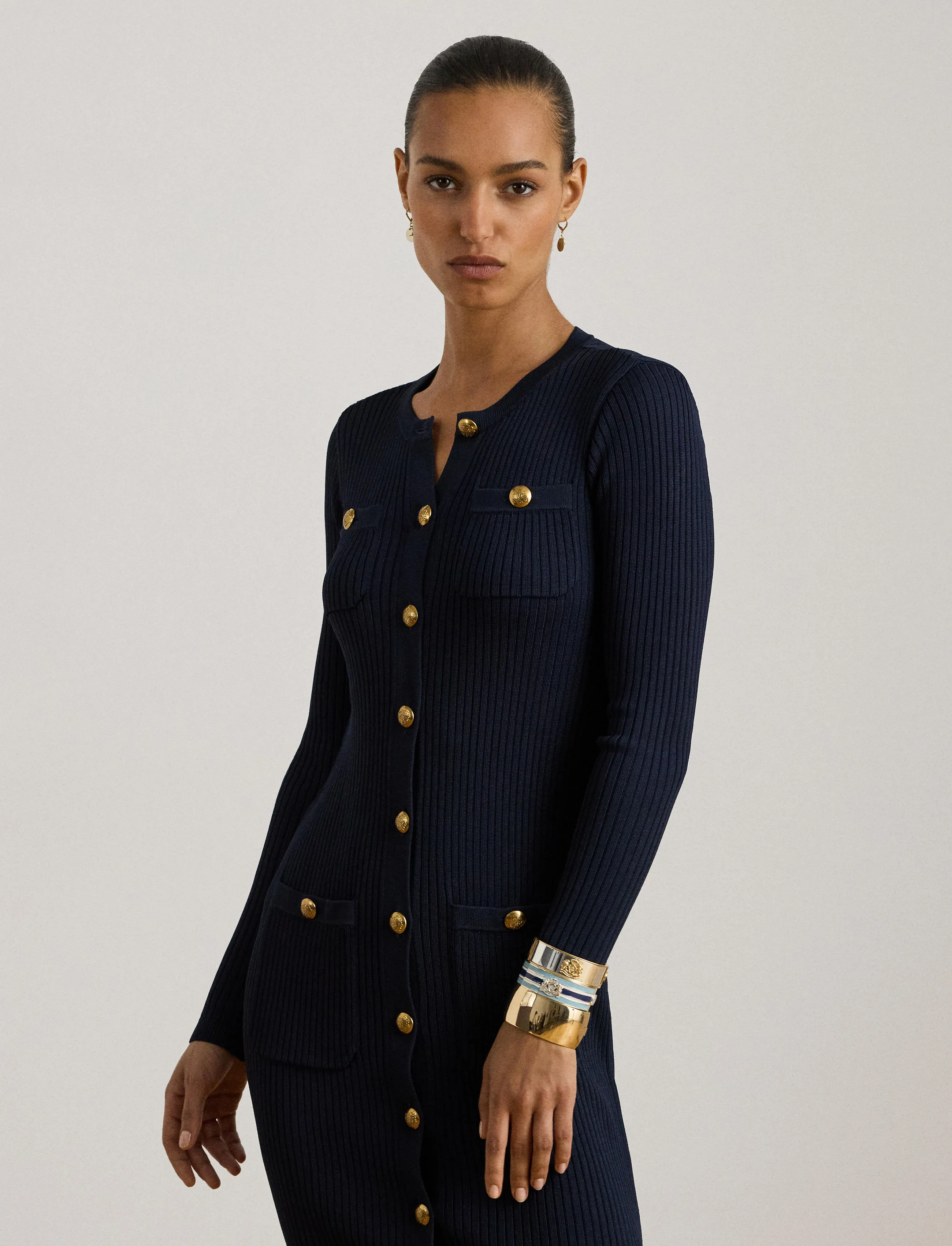 Lauren Ralph Lauren Button-Trim Rib-Knit Sweater Dress, L, Navy, Kjoler > Knælange Og Midi, Dame