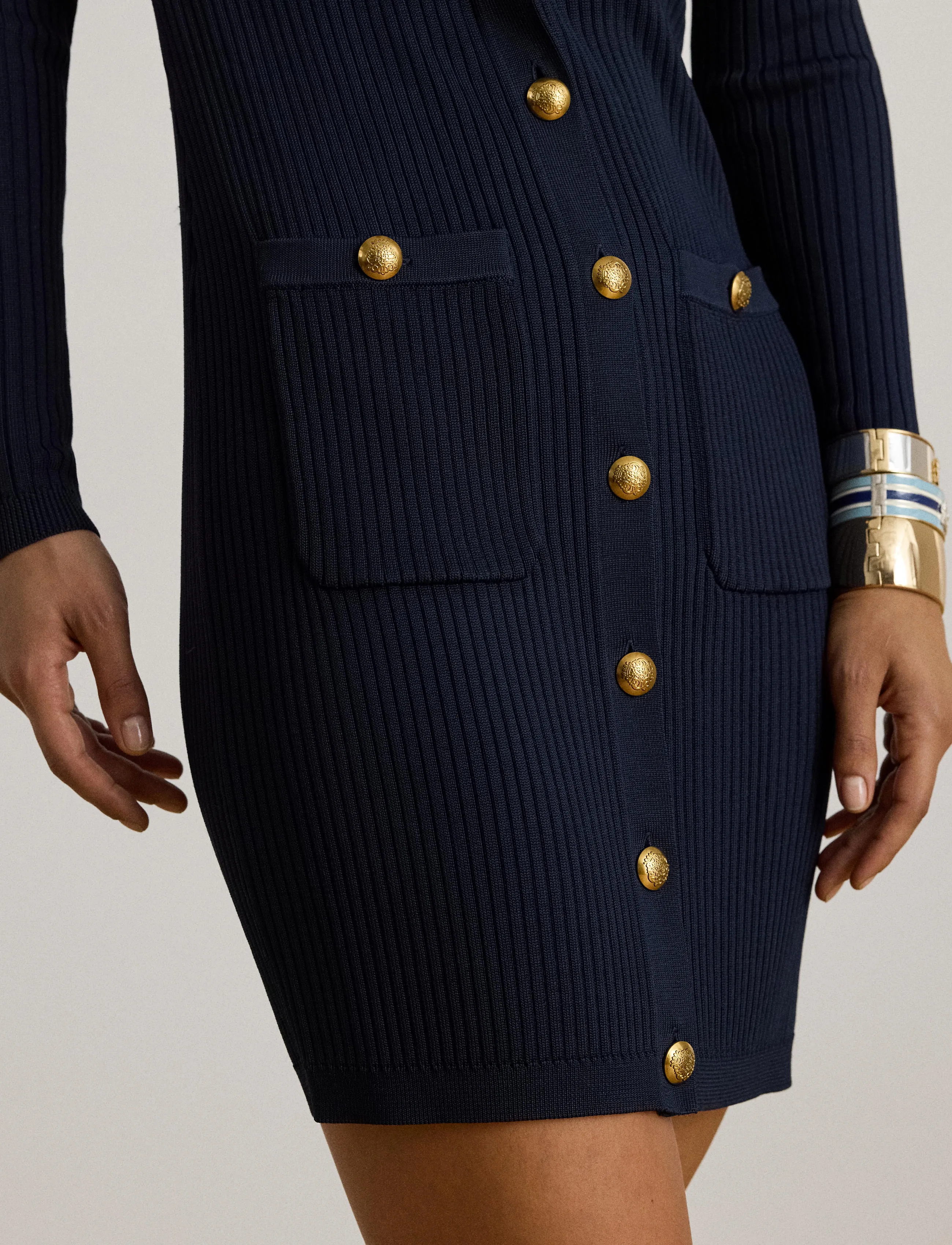 Lauren Ralph Lauren - Button-Trim Rib-Knit Sweater Dress - knitted dresses - lauren navy - 4